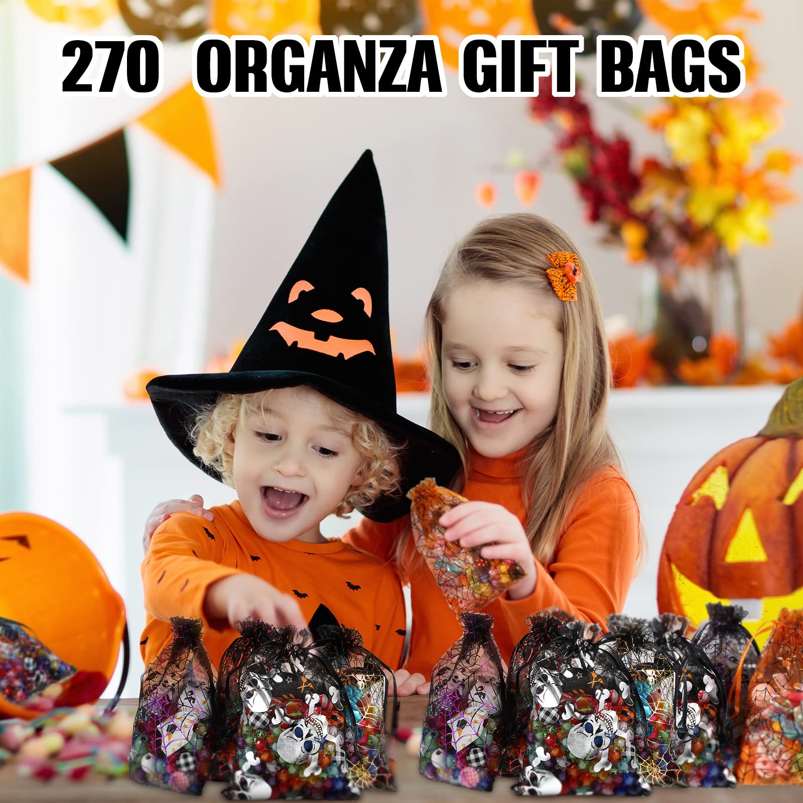 Chumia 270 Pcs Halloween Organza Bags with Drawstring - Spider Web Skull Print for Party Favors & Candy Gifts