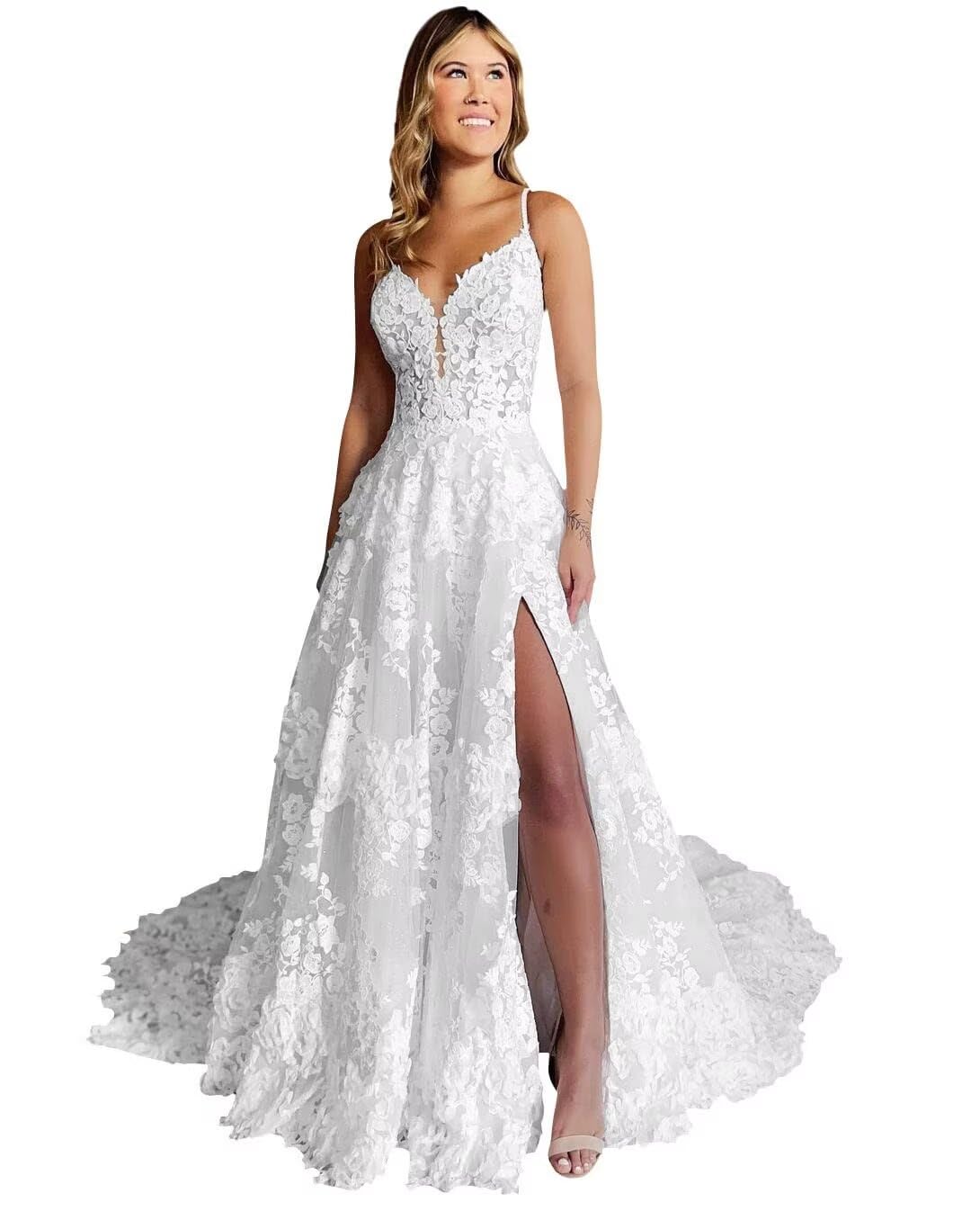 2024 Women's Beach Wedding Dresses - Elegant Spaghetti Straps Lace Appliques Bridal Gowns for Bride | Perfect for Destination Weddings, Beach Ceremonies & Tropical Vows