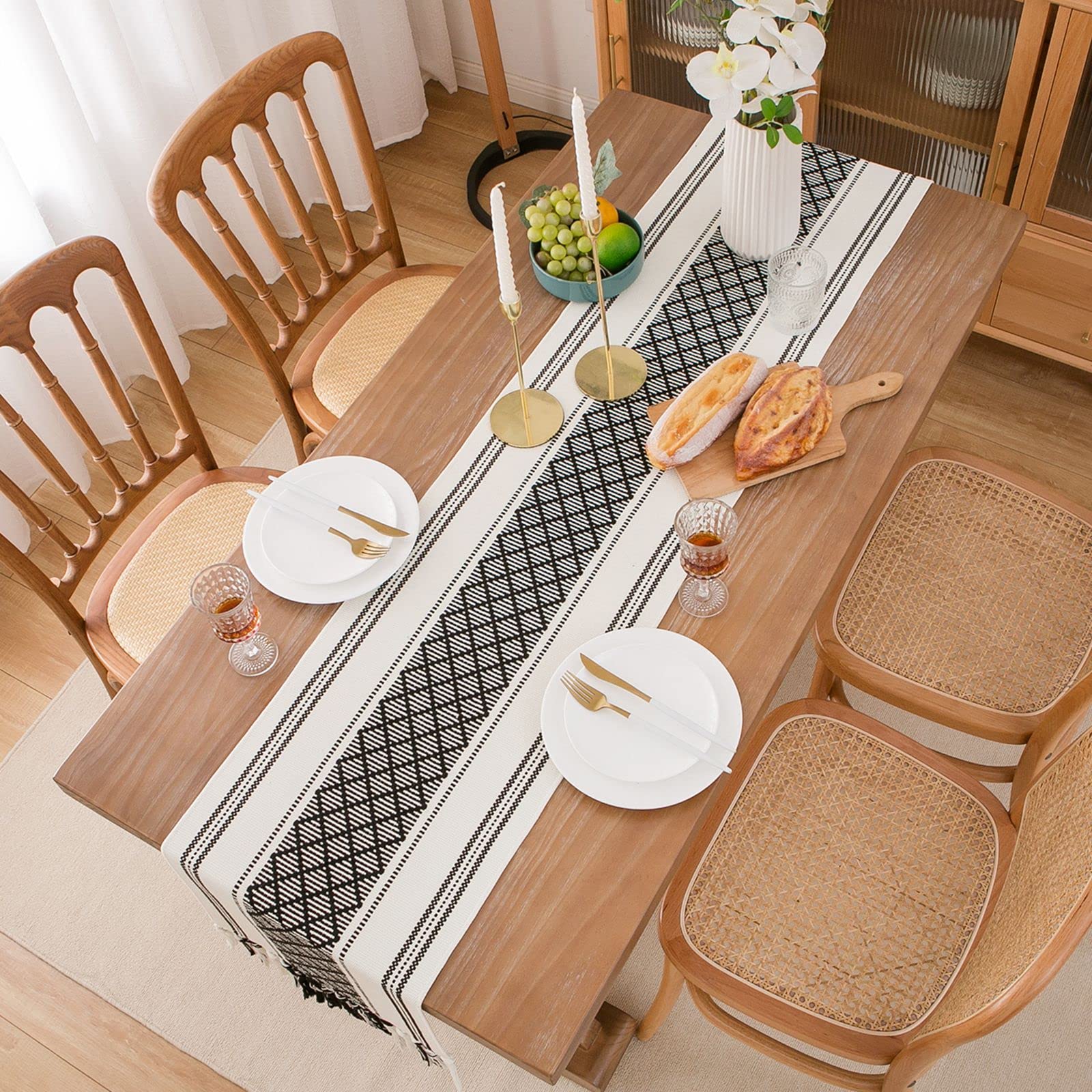 Boho Table Runner 14 x 72 Inches - Farmhouse Style Woven Table Runner with Black & White Hand-Tassels for Wedding, Party, Dining Room & Dresser Decor - Perfect for Rustic, Boho & Farmhouse Home Decor (Black)