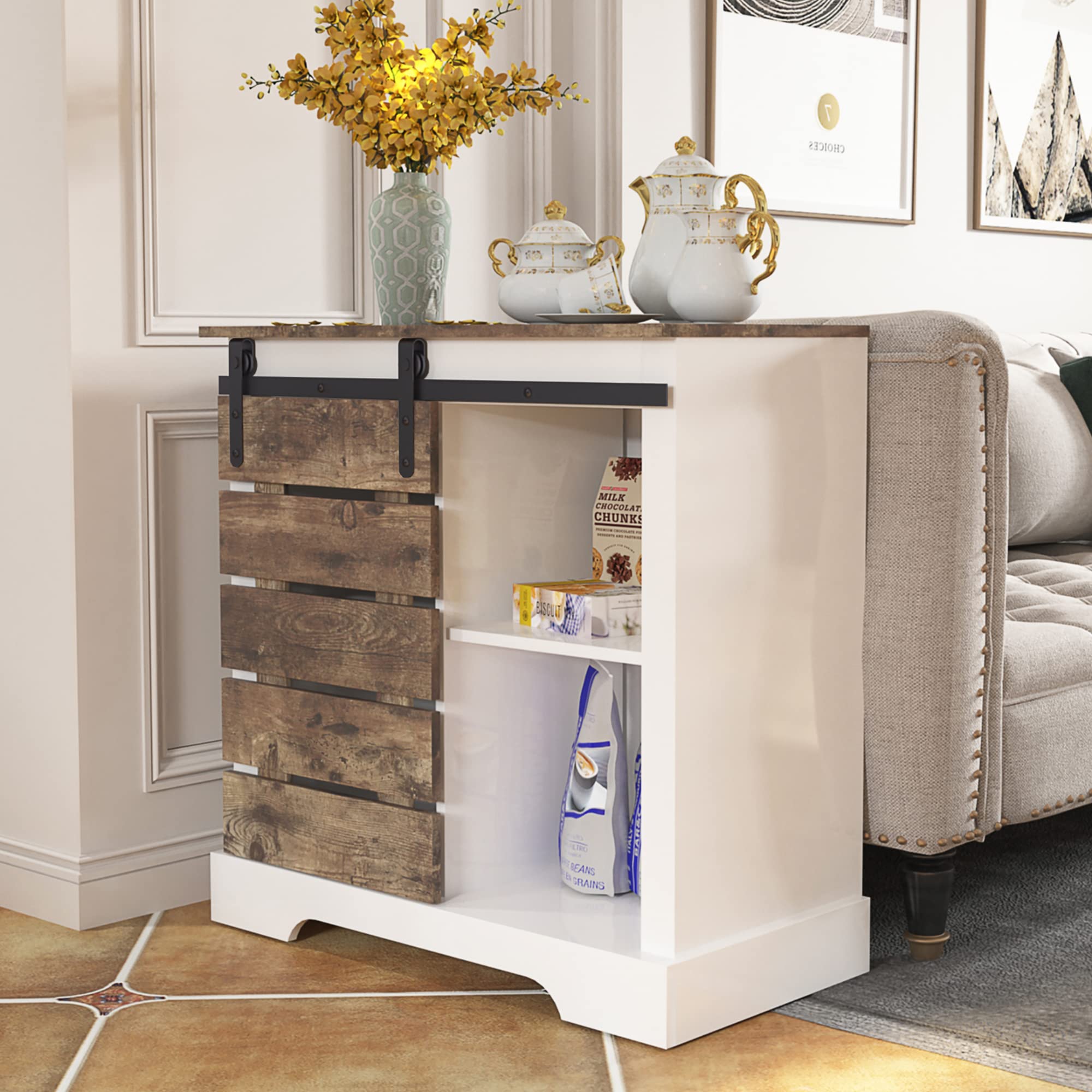JOYSOURCE 32 Inch Farmhouse Buffet Cabinet - Rustic Wooden Sideboard with Sliding Barn Door, Adjustable Shelves - Coffee Bar & Storage for Living Room, Kitchen, Entryway - Perfect for Dining Room Storage, Vintage Home Decor & Entertaining Guests