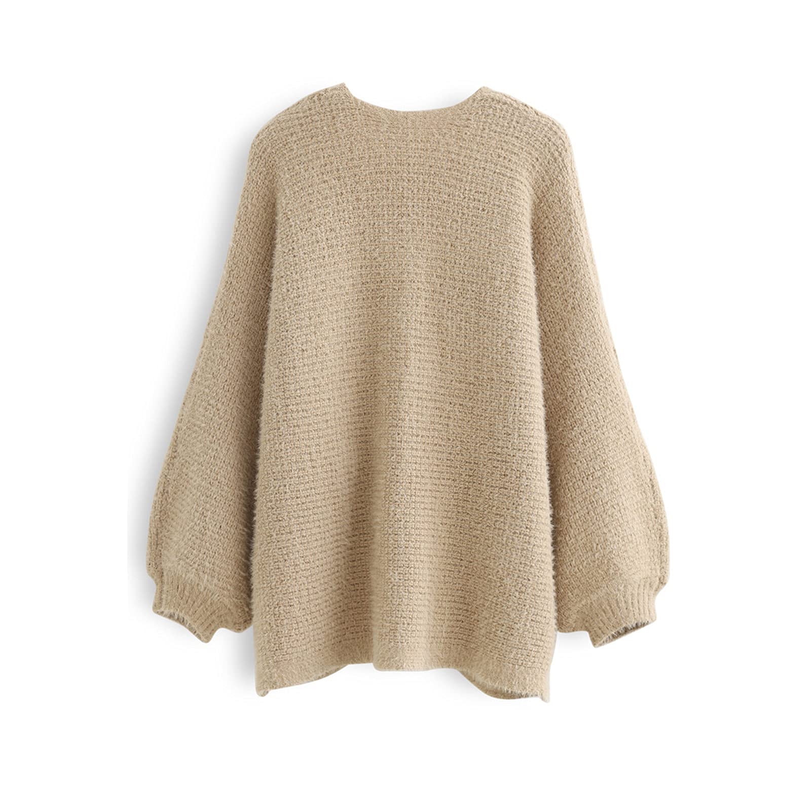 Chicwish Women's Oversized Fuzzy Waffle Knit Cardigan - Long Lantern Sleeve Open Front Sweater in Tan, Pink & Blue | Cozy Fall & Winter Layering Piece for Casual Outfits, Office Wear & Coffee Dates