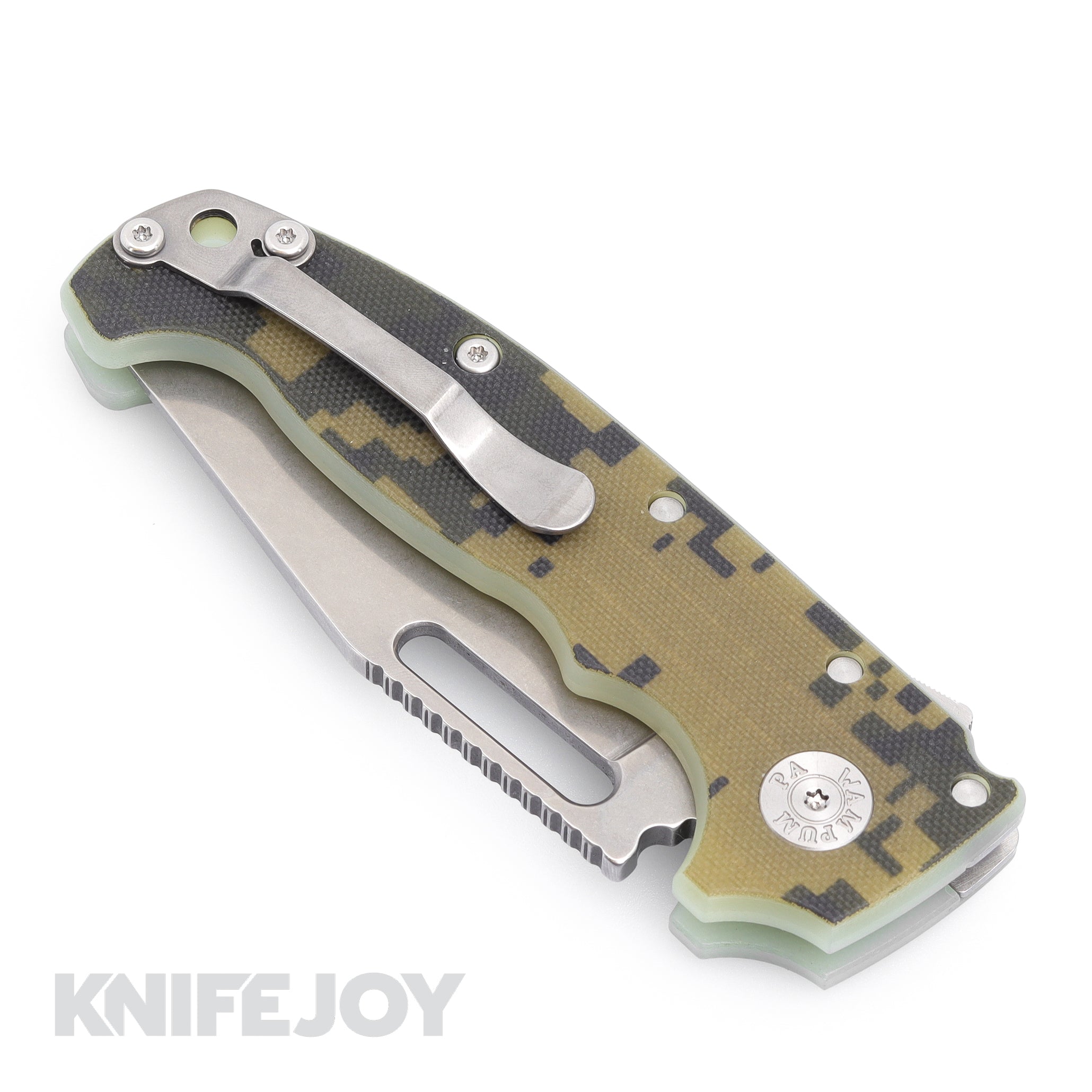 Demko Knives AD20 FFG Full Flat Grind 3V Steel Clip Point Blade with Camo #1 G10 Handles - Tactical Folding Knife for Outdoor Survival, Hunting & EDC