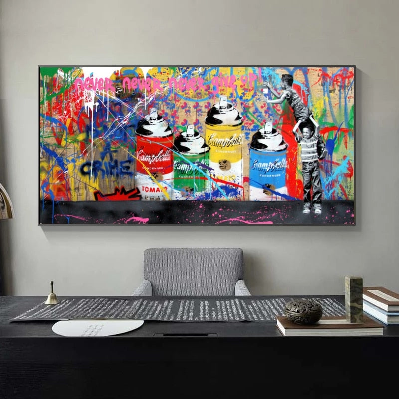 Banksy Never Give Up Canvas Graffiti Art Print - Urban Street Art Wall Decor for Living Room, Bedroom & Office - Modern Home Decor Gift for Art Lovers