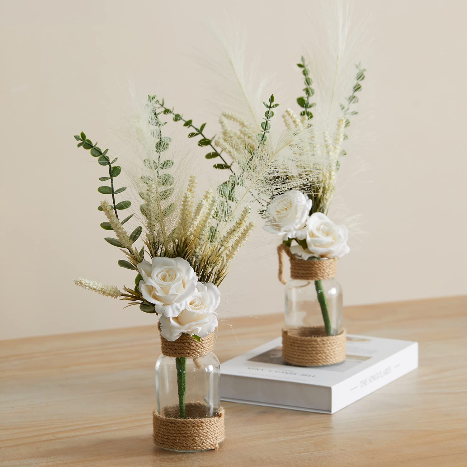 2-Pack Rustic Mason Jar Sconce Wall Decor with Remote Control LED Fairy Lights & Artificial White Roses - Farmhouse Spring Decor for Bedroom, Living Room, Wedding, Party | Home Lighting Decorations