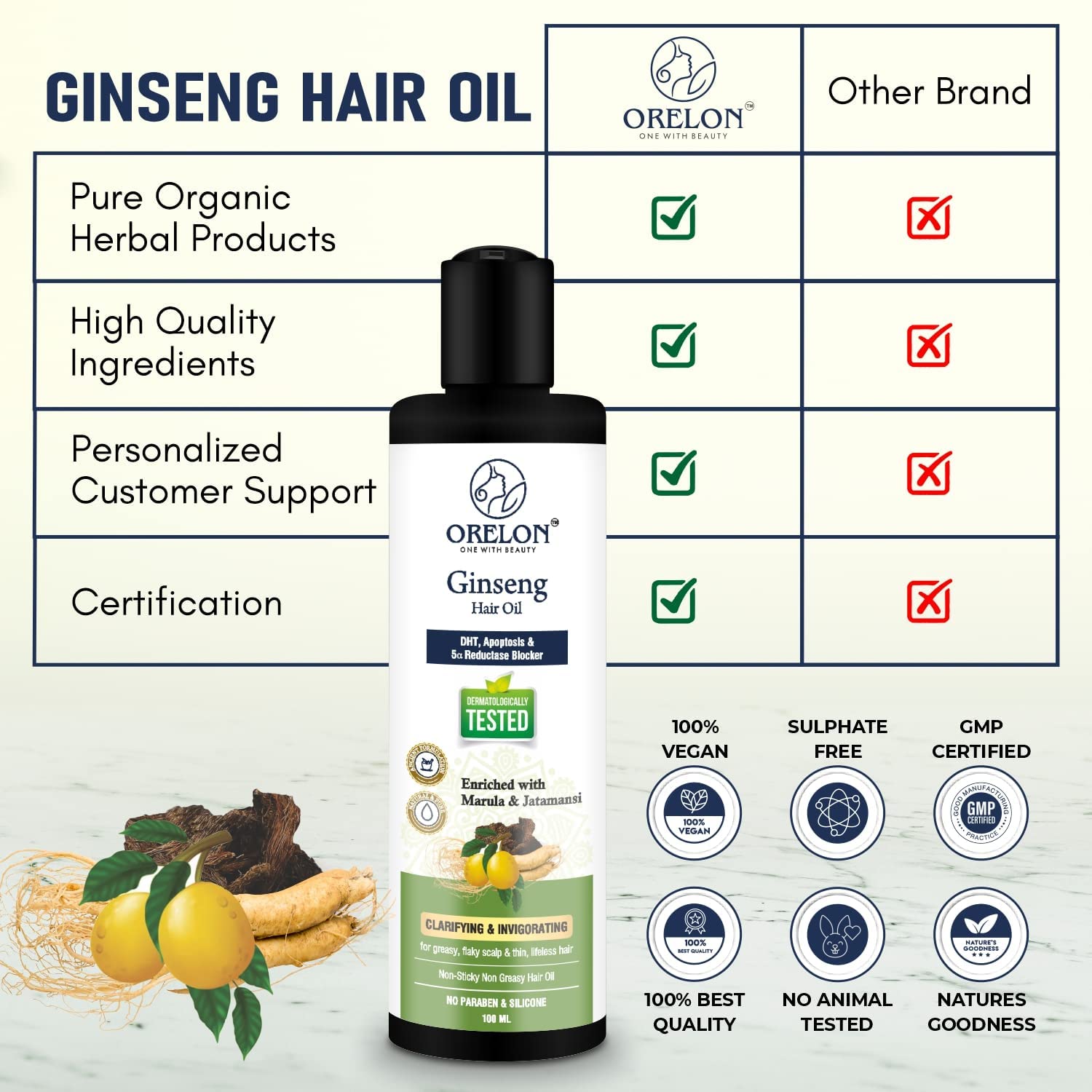 ORELON Ginseng Hair Oil for Hair Fall Control & Regrowth | Natural DHT Blocker with Rosemary & Bhringraj Oil | Promotes Thicker, Healthier Hair for Women & Men (100ml) | Perfect for Daily Scalp Massage & Hair Care Routine
