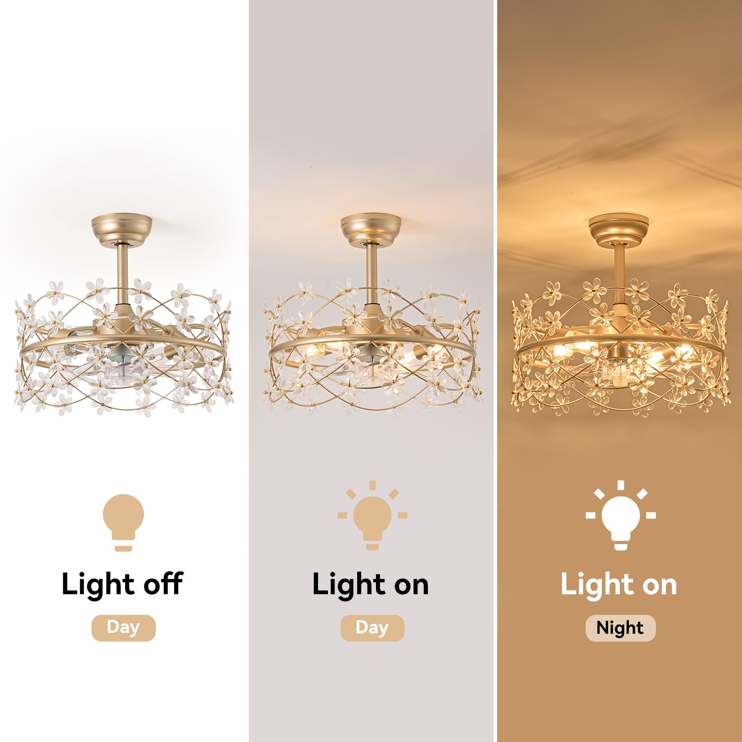 20 Inch Gold Caged Ceiling Fan with Light and Remote Control - Modern Crystal Flower Chandelier Fan with 6 Speed Settings - Perfect for Girls Bedroom, Living Room, Nursery and Home Decor