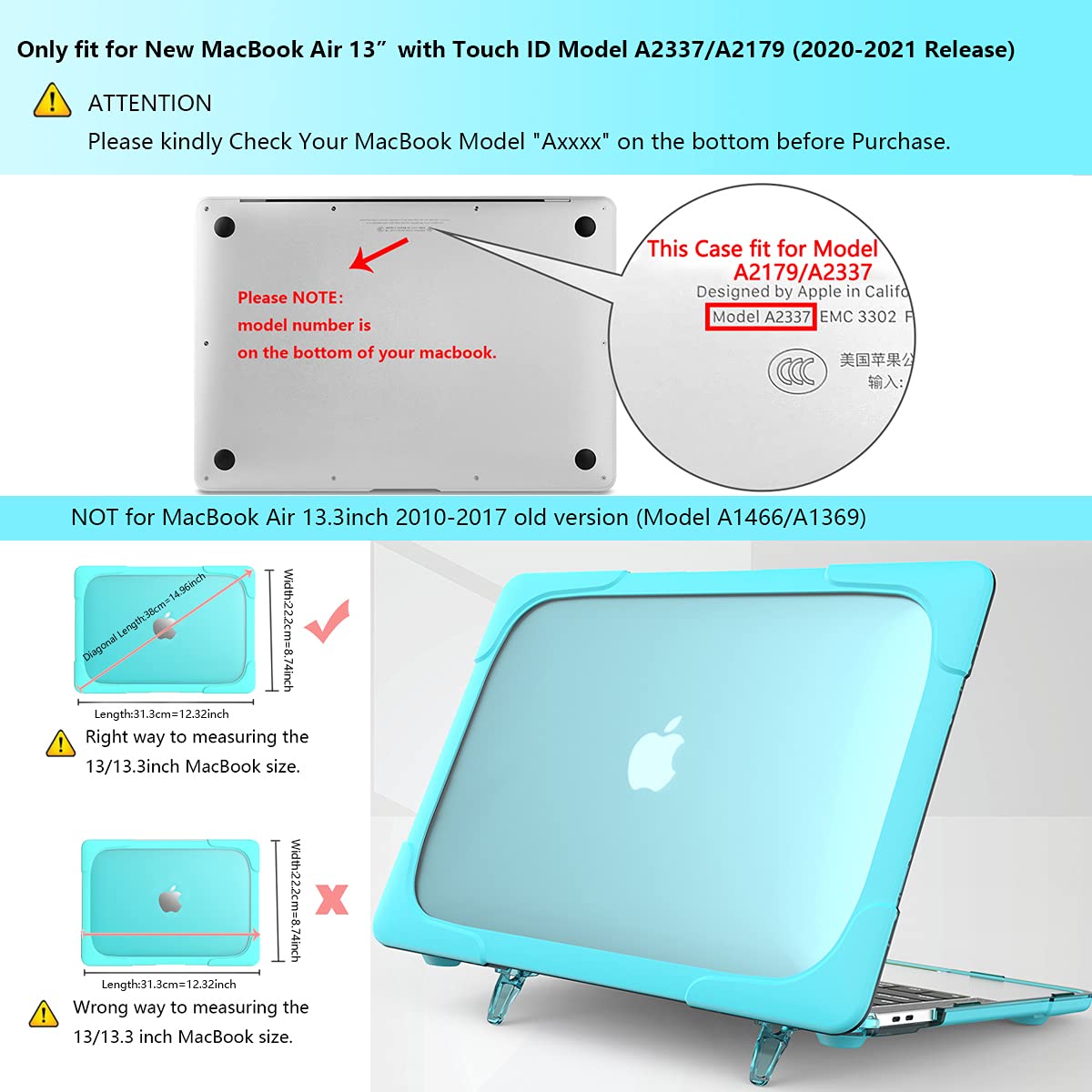 Shockproof MacBook Air 13 Inch Case (2021-2018 Models A2337 M1 A2179 A1932) - Heavy Duty Hard Shell with Kickstand & Keyboard Cover, Touch ID Compatible - Turquoise - Perfect for Travel, Office & School Use