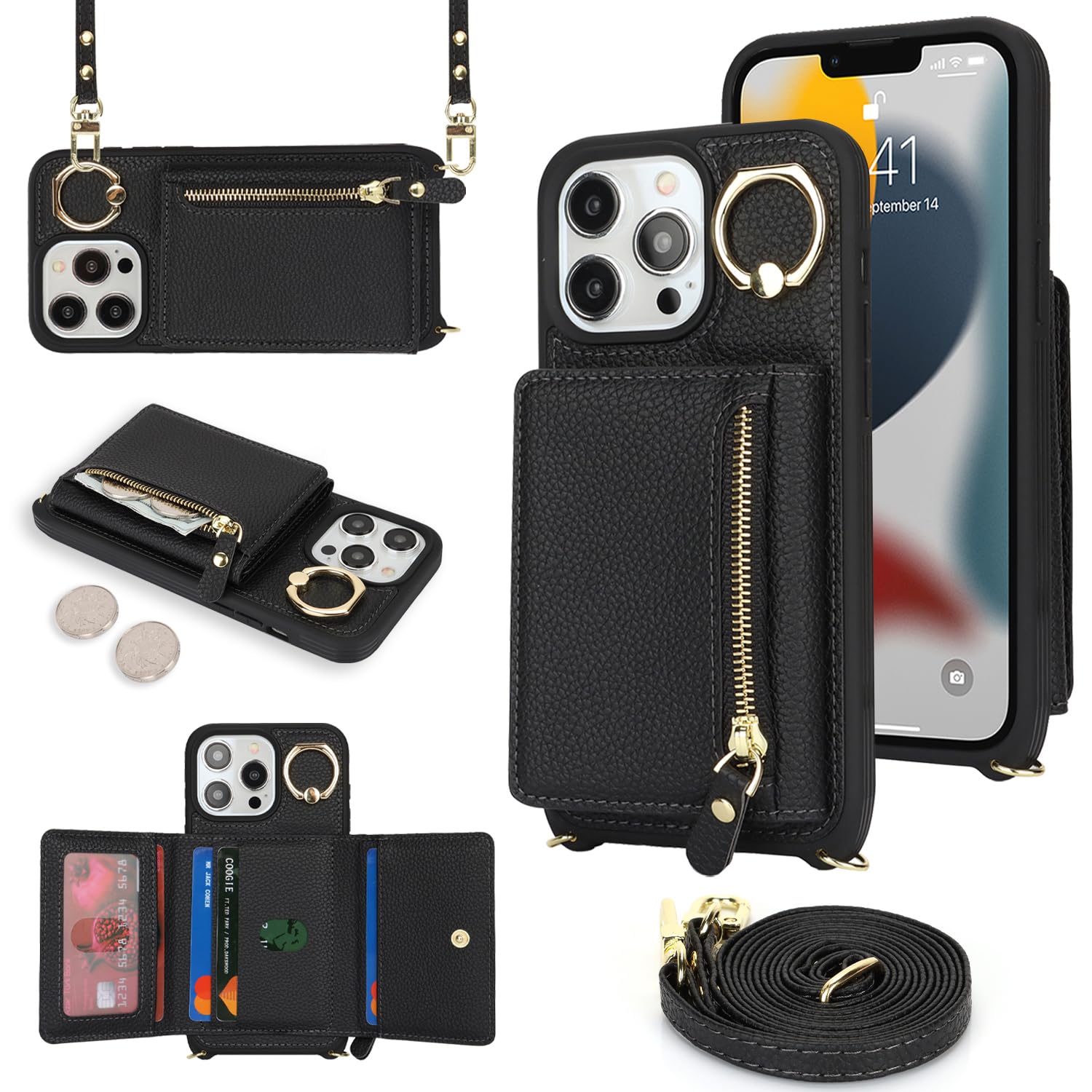 Premium Leather iPhone 13 Pro Max Case with Card Holder & Crossbody Strap - Wallet Phone Case with Zipper Pocket, Stand Ring & Lanyard (Black) | Perfect for Women's Everyday Use, Travel & Hands-Free Convenience