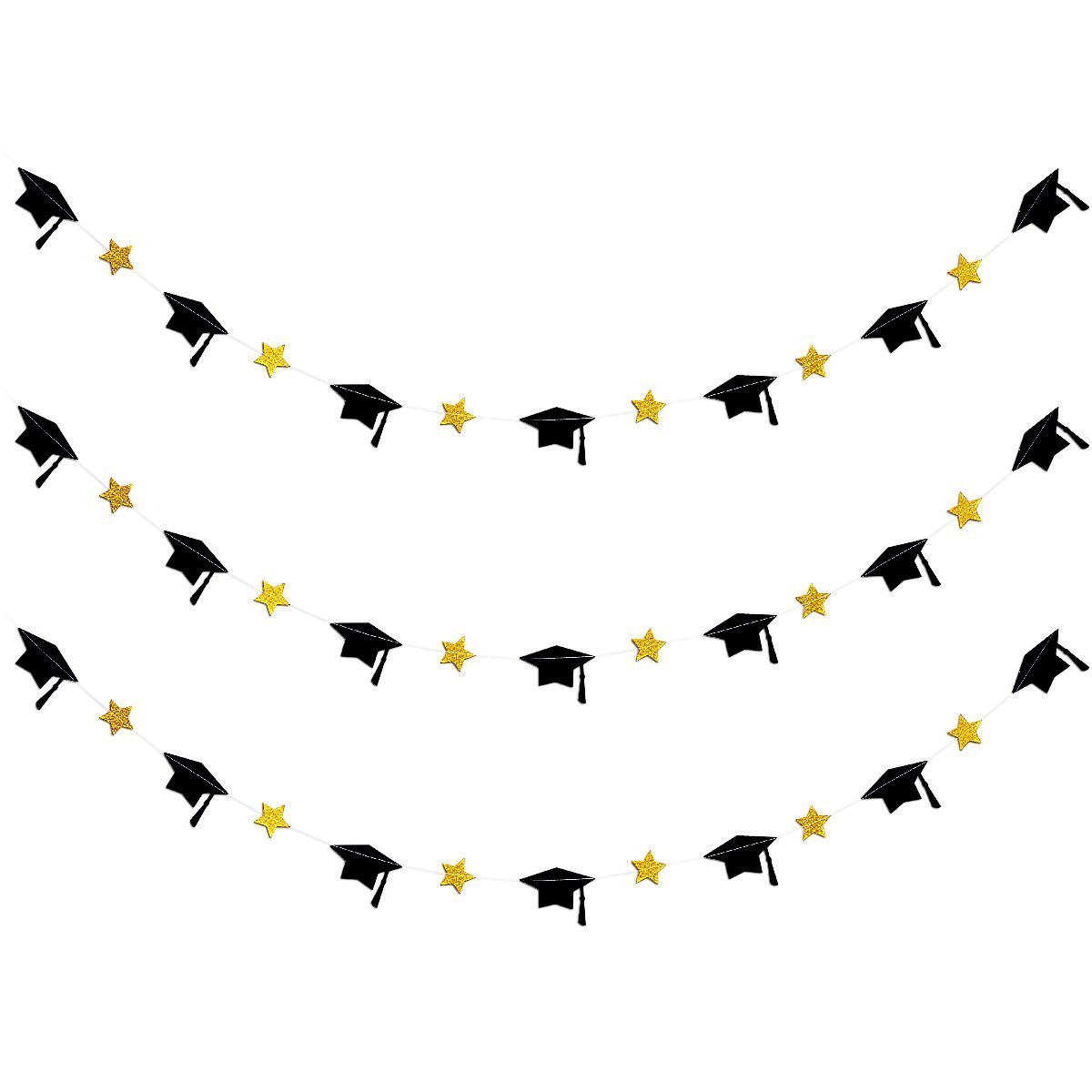 3Pcs Black and Gold Graduation Cap Garland - Class of 2025 Graduation Banner Decor for College Grad Party, Commencement & Photo Backdrop - Perfect for Graduation Ceremony Decorations & Celebration Events