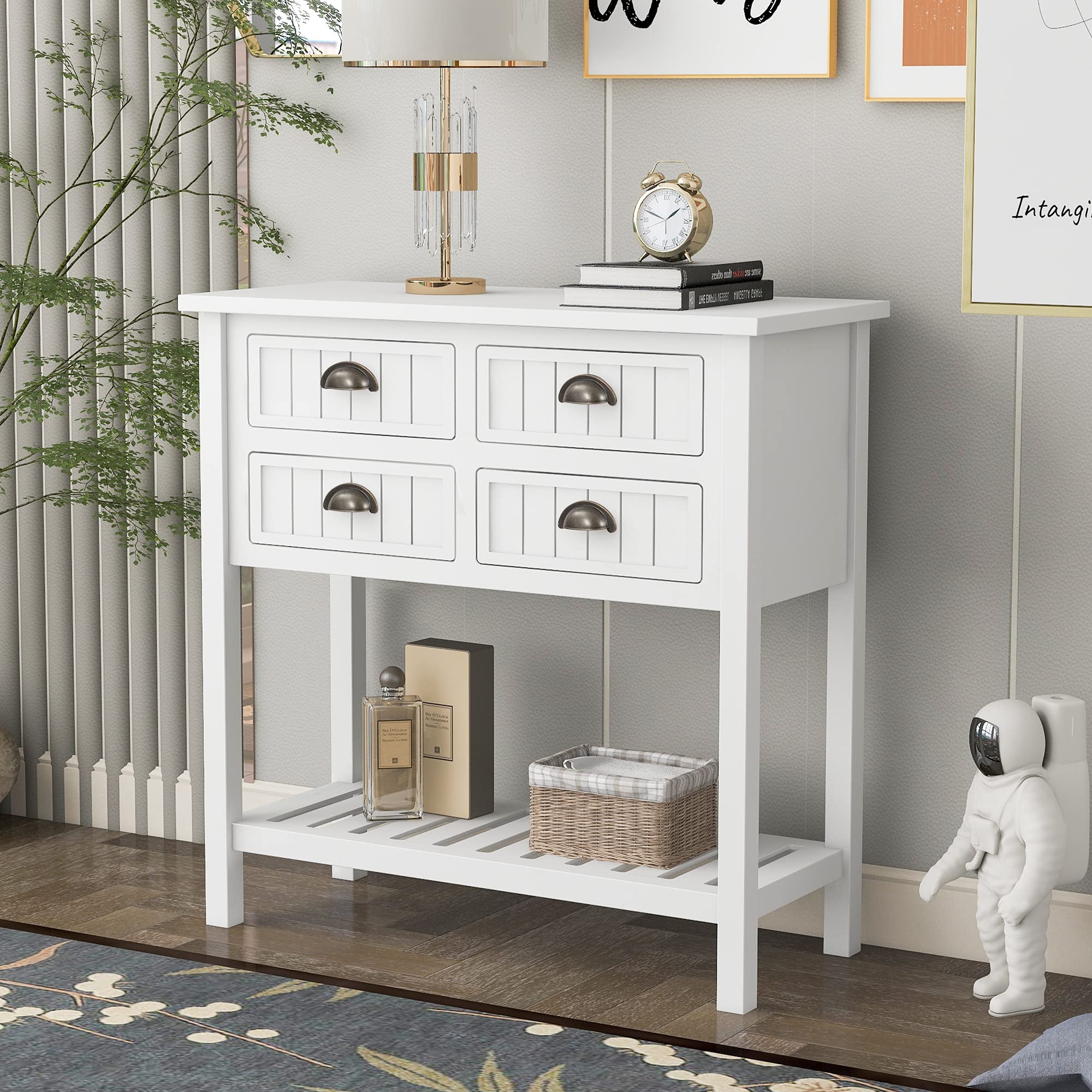 SOONHUA White Wooden Console Table - Cambridge Series Buffet Sideboard with Bottom Shelf | Kitchen Storage Cabinet, Entryway Organizer, Living Room Decor | Durable Self-Service Sideboard for Home & Office Use