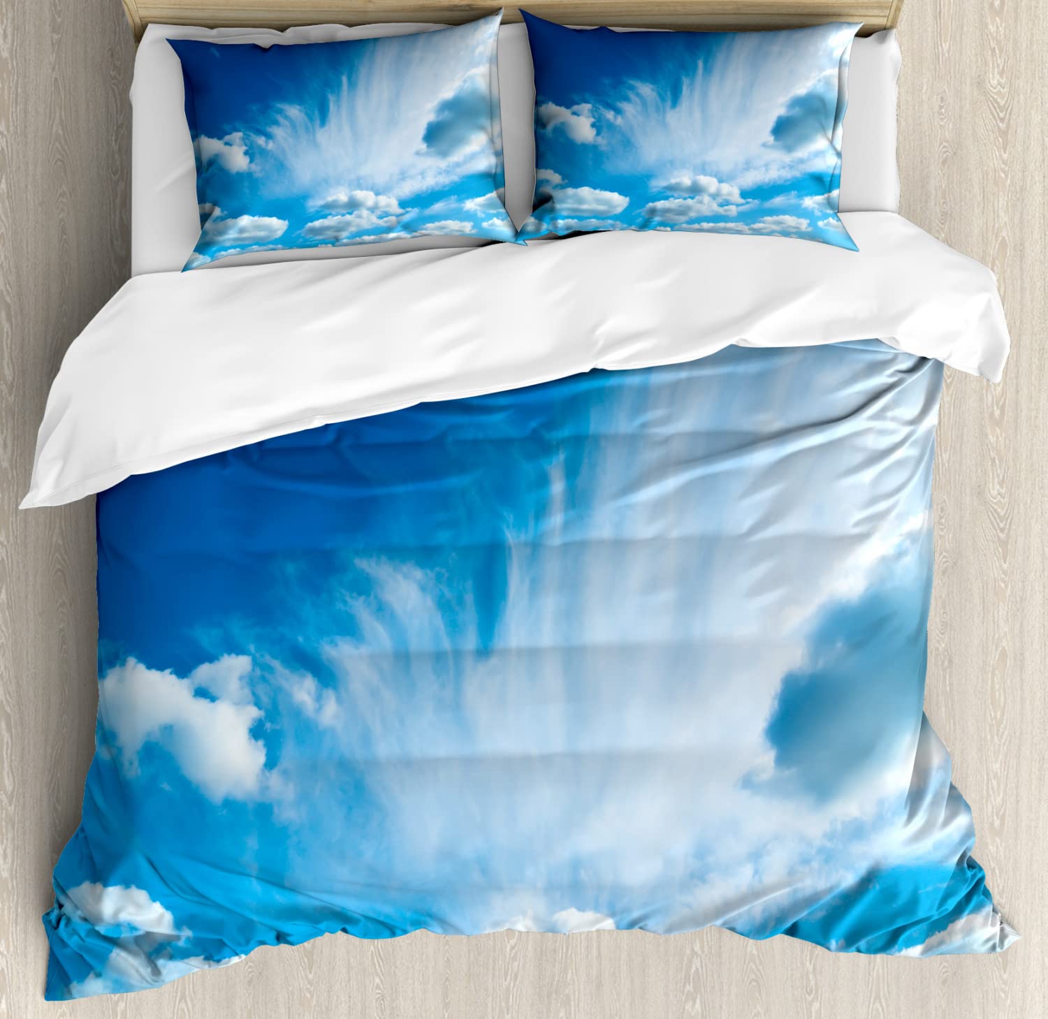 Ambesonne Landscape Duvet Cover Set - Queen Size 2-Pack with 2 Duvet Covers & 4 Pillowcases | Blue and White Cloud Sky Design for Summer Bedroom Decor | Perfect for Guest Rooms, Vacation Homes & Cozy Bedroom Makeovers