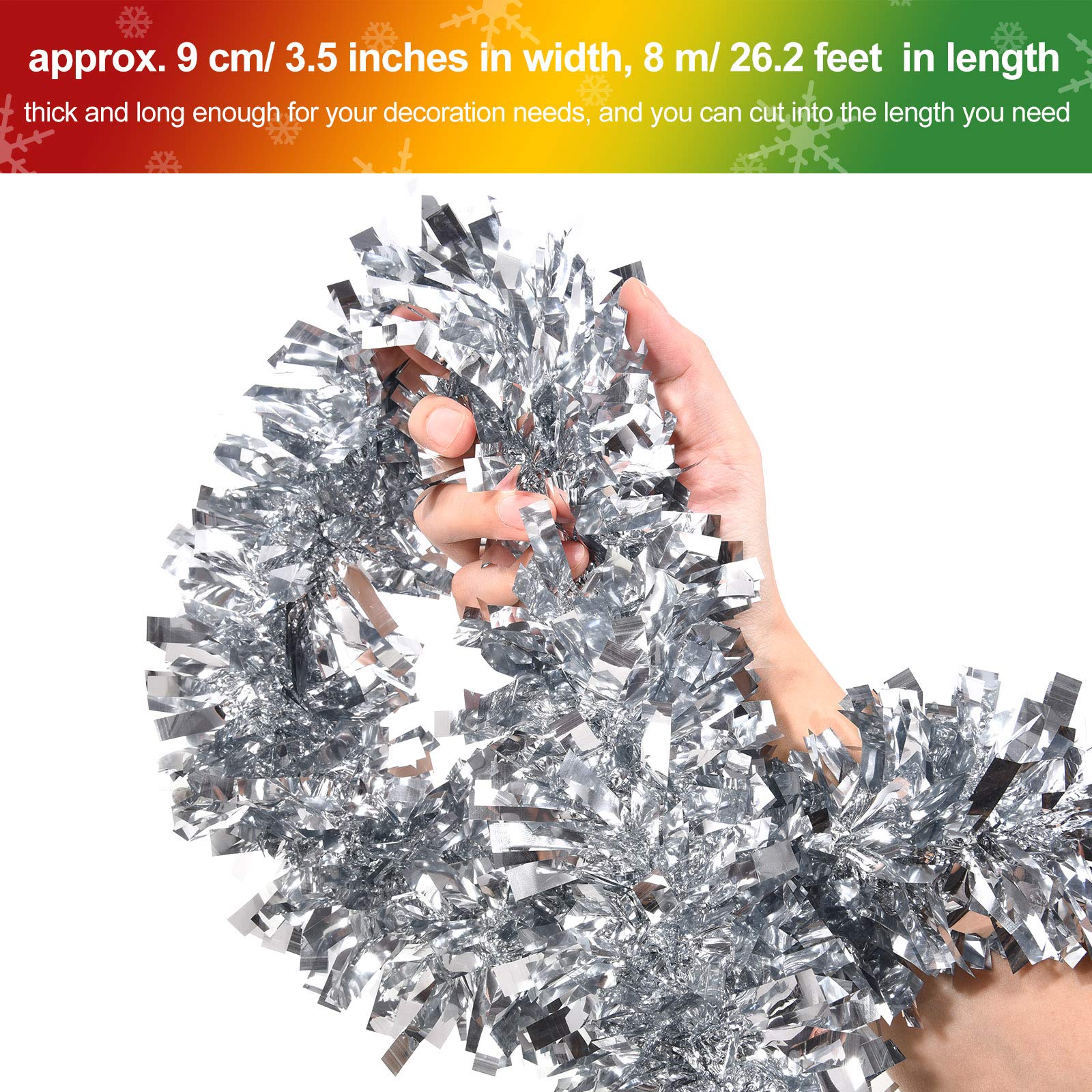 Silver Metallic Christmas Tinsel Garland - 26.2 ft Shiny Holiday Tree Decor for Xmas, Weddings & Birthday Parties | Indoor/Outdoor Hanging Decoration for Home, Office & Festive Events