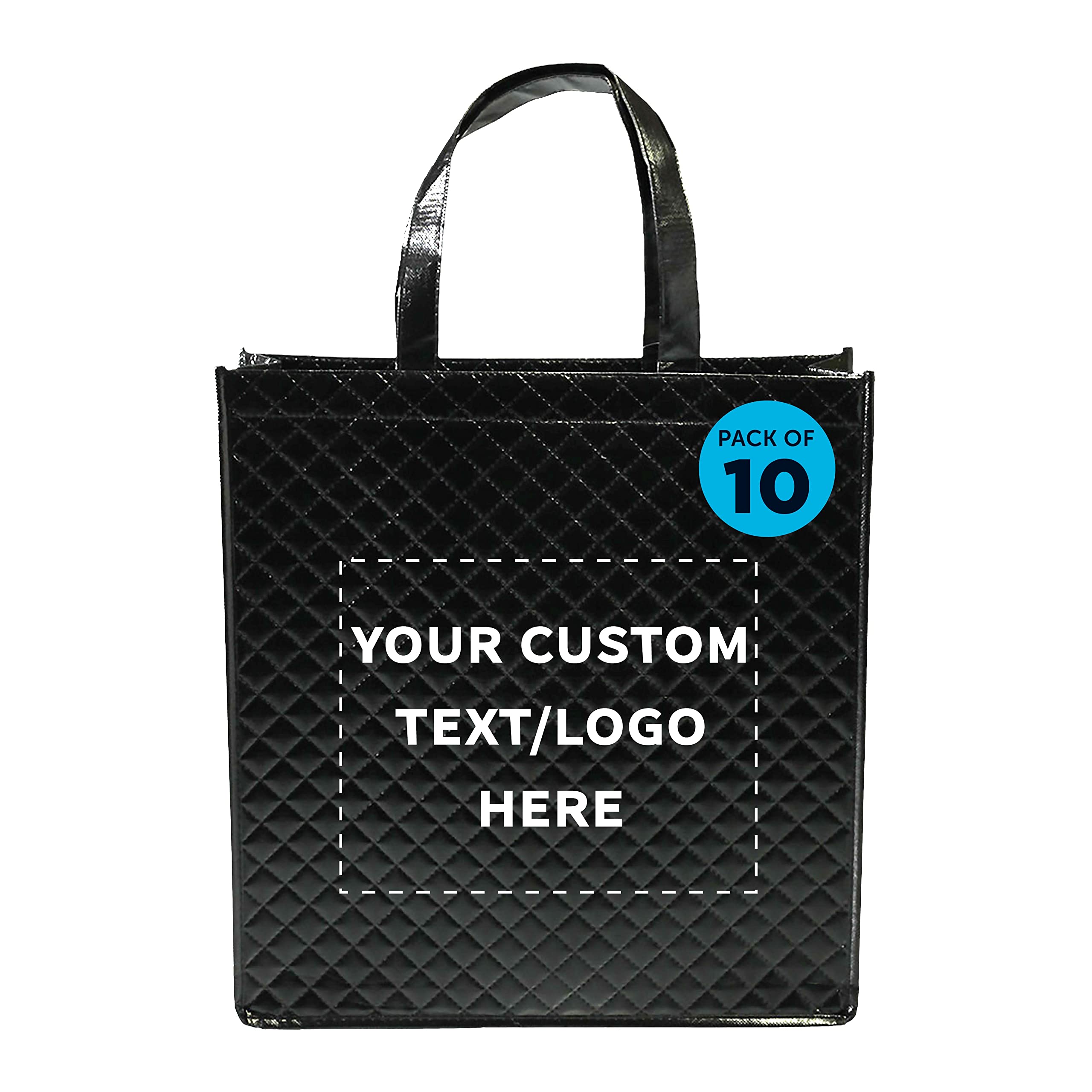 Custom Printed Laminated Tote Bags - Set of 10 Personalized Bulk Totes - Eco-Friendly Reusable Shopping Bags for Groceries, Beach Trips, Promotions & Events - Black