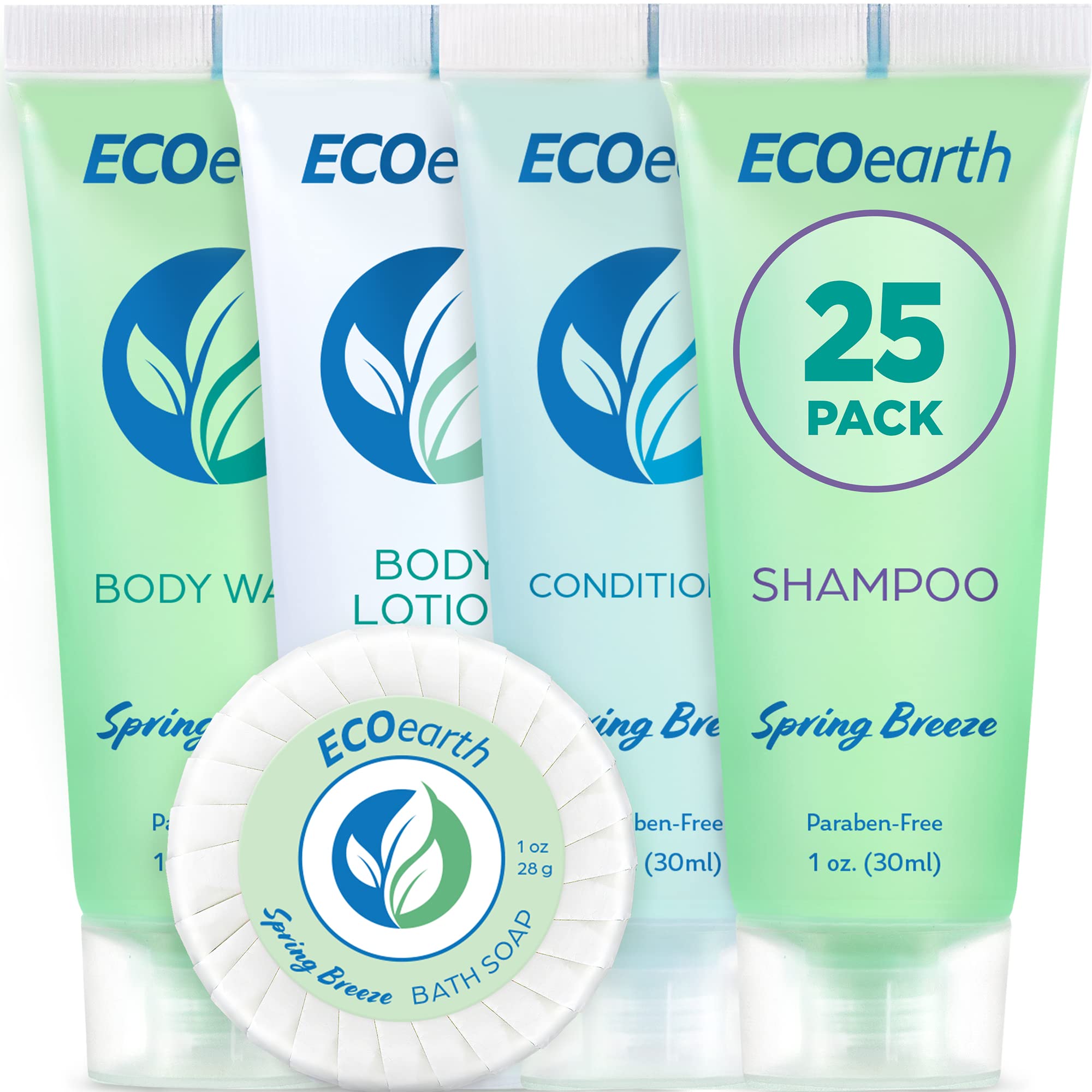 EcoEarth Hotel Toiletries Bulk Set - 125 Piece Spring Breeze Scented Travel Size Amenities (25 Each: 1oz Round Soap, Shampoo, Conditioner, Body Lotion & Body Wash) - Perfect for Hotels, Airbnb, Guest Bathrooms & Travel Essentials