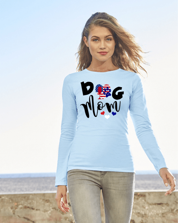 American Dog Mom Cotton Long Sleeve T-Shirt for Women - Comfortable Casual Wear for Dog Lovers | Perfect for Pet Owners, Dog Parks & Everyday Outfits