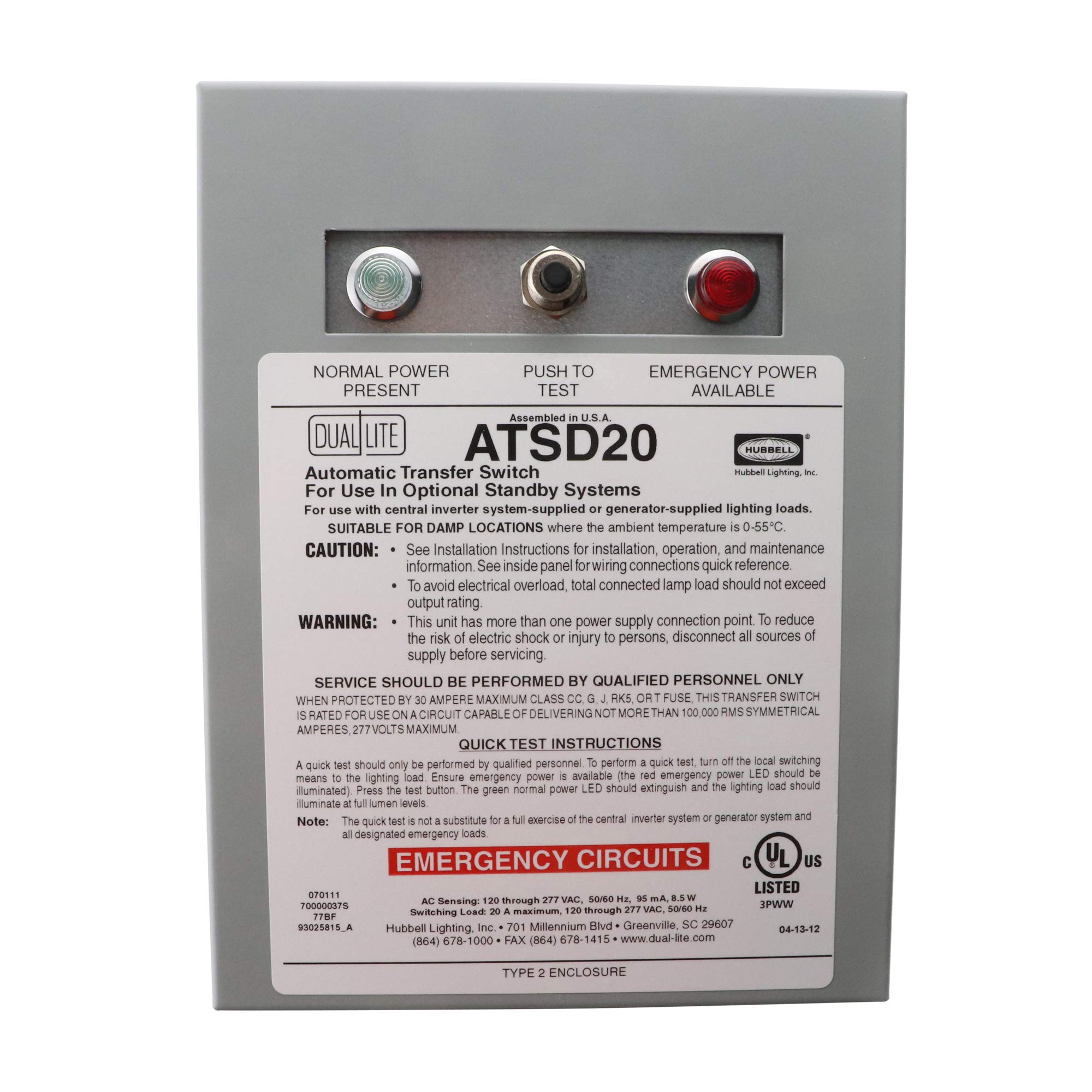 Hubbell Dual-Lite ATSD20 20-Amp Emergency Lighting Transfer Switch, 120/277V - Reliable Power Backup for Commercial Buildings, Hospitals & Schools