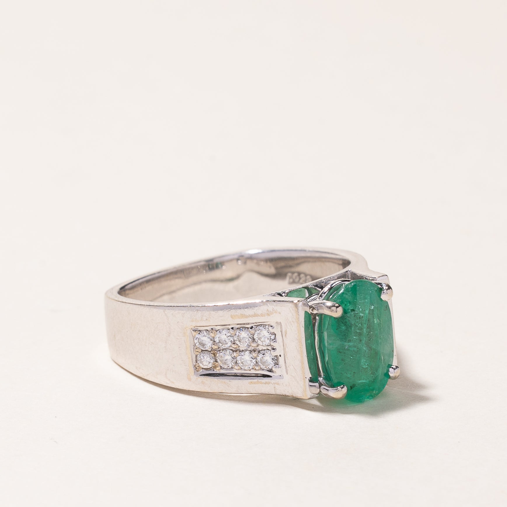 14K White Gold Emerald and Diamond Ring - 2.11ct Emerald & 0.28ctw Diamonds - Size 7.5 - Elegant Engagement, Anniversary or Gift Jewelry for Women
