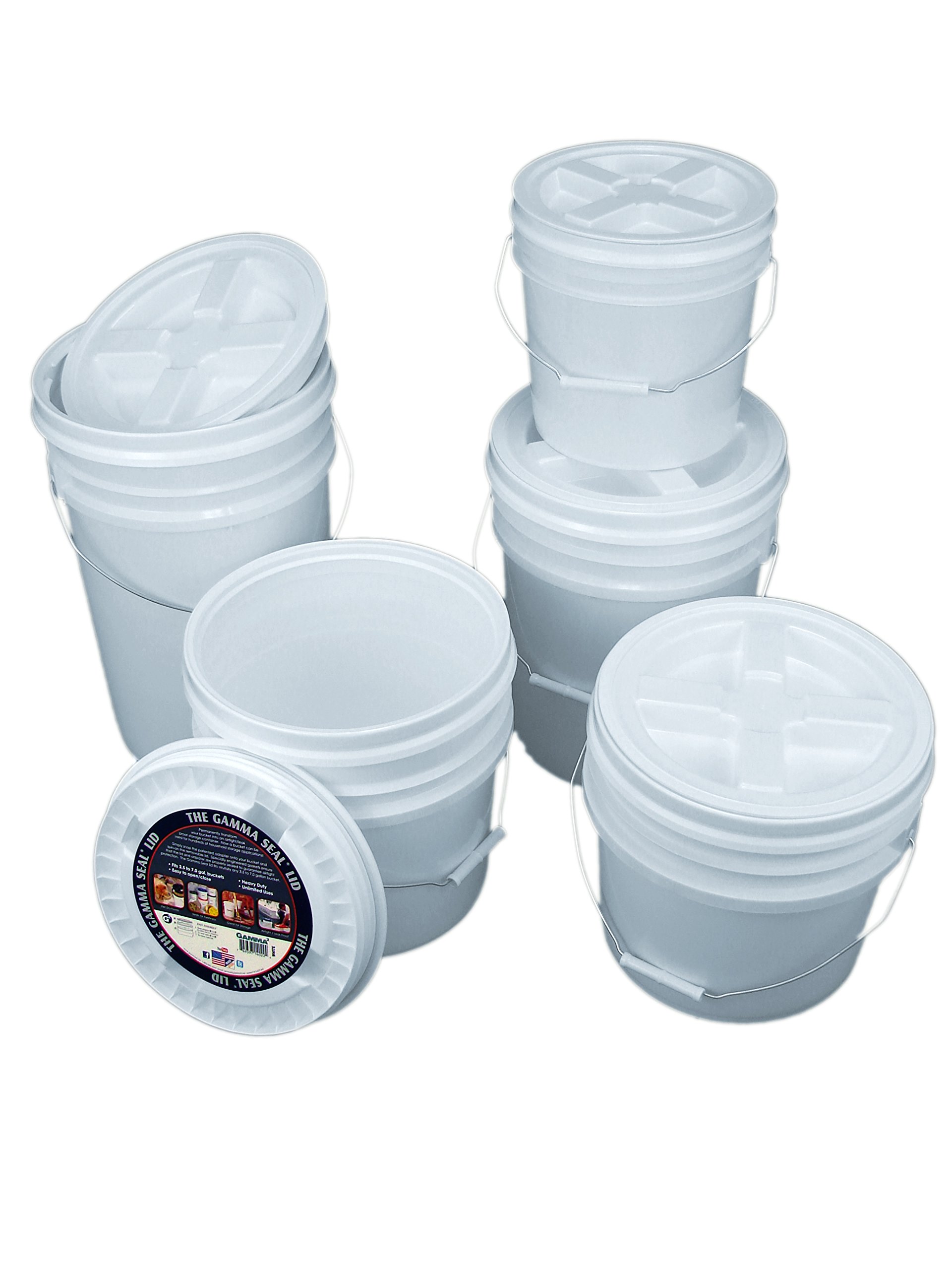 5-Piece White Bucket Kit with Gamma Seal Lids (2, 3.5, 4.25, 5 & 6 Gallon Sizes) - Perfect for Food Storage, Home Organization & Emergency Preparedness