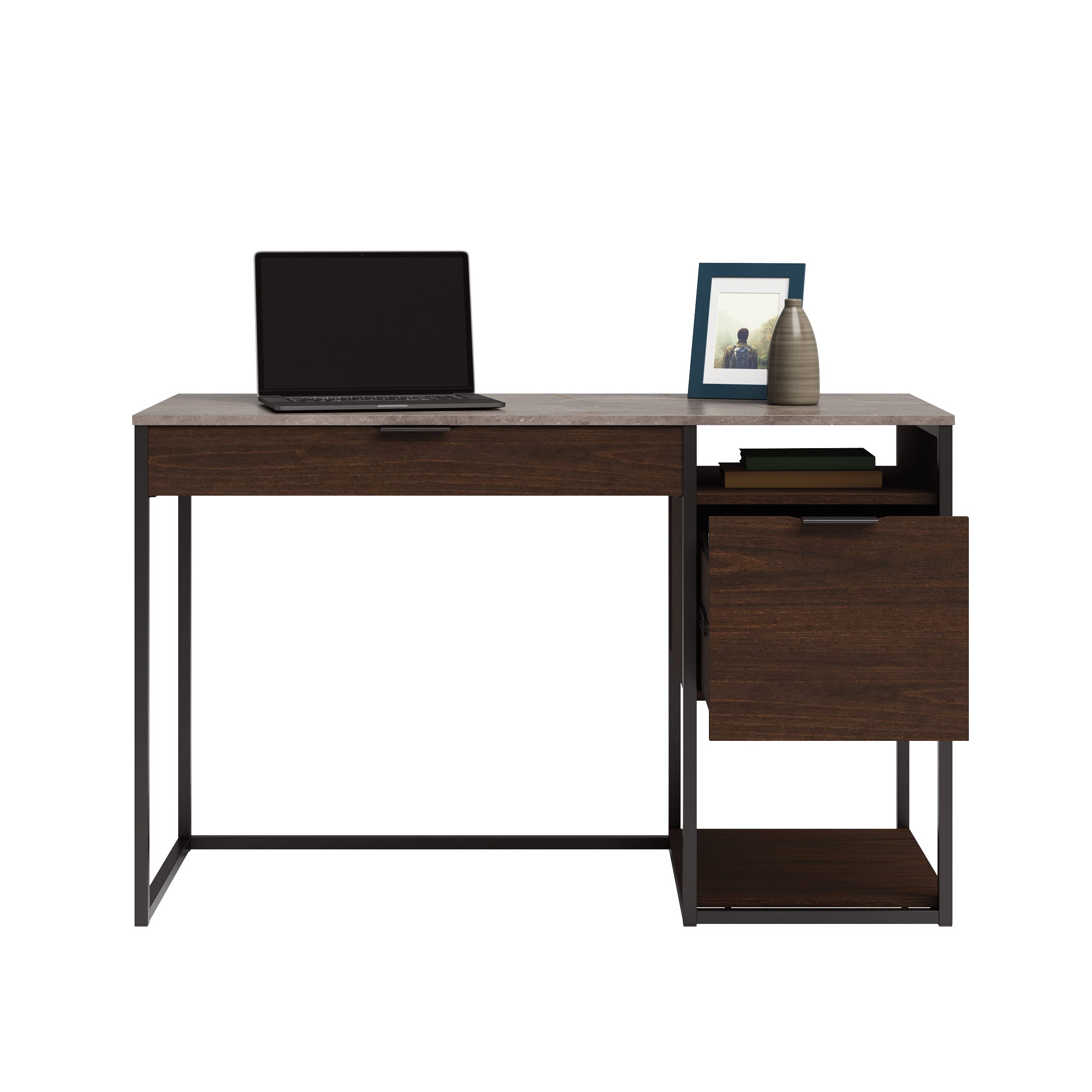 Sauder International Lux Single Pedestal Home Office Desk - Modern Umber Wood Finish for Study, Work from Home & Small Office Spaces