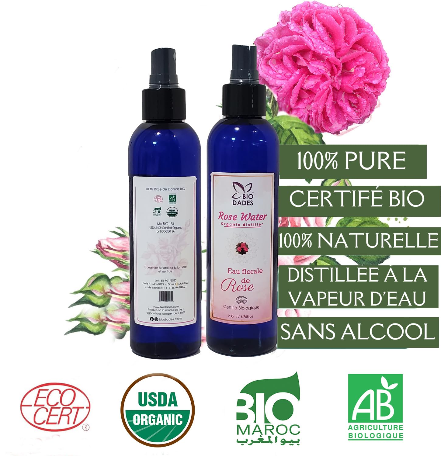 Organic Damascus Rose Water - 200ml - 100% Pure Natural Facial Toner & Hydrating Mist for Face, Eyes, Body & Hair - Vegan Skincare & Aromatherapy for Dry Skin & Relaxation