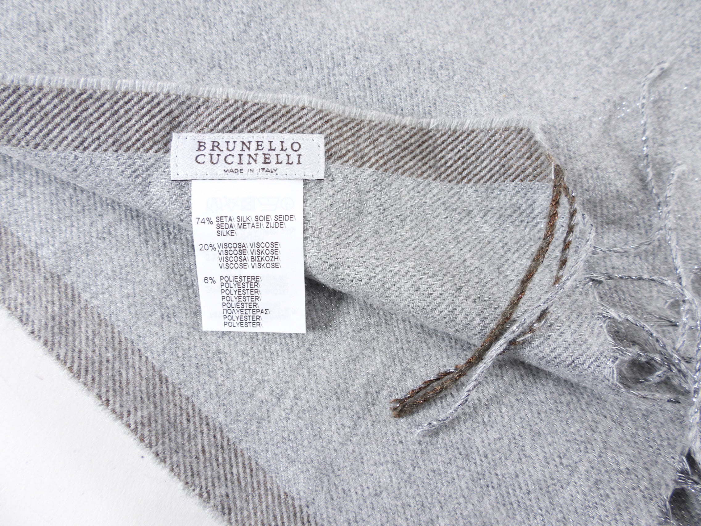 Brunello Cucinelli Light Grey Silk Blend Shawl Scarf with Shimmer Fringe - Elegant Wrap for Women, Perfect for Evening Events, Weddings & Special Occasions