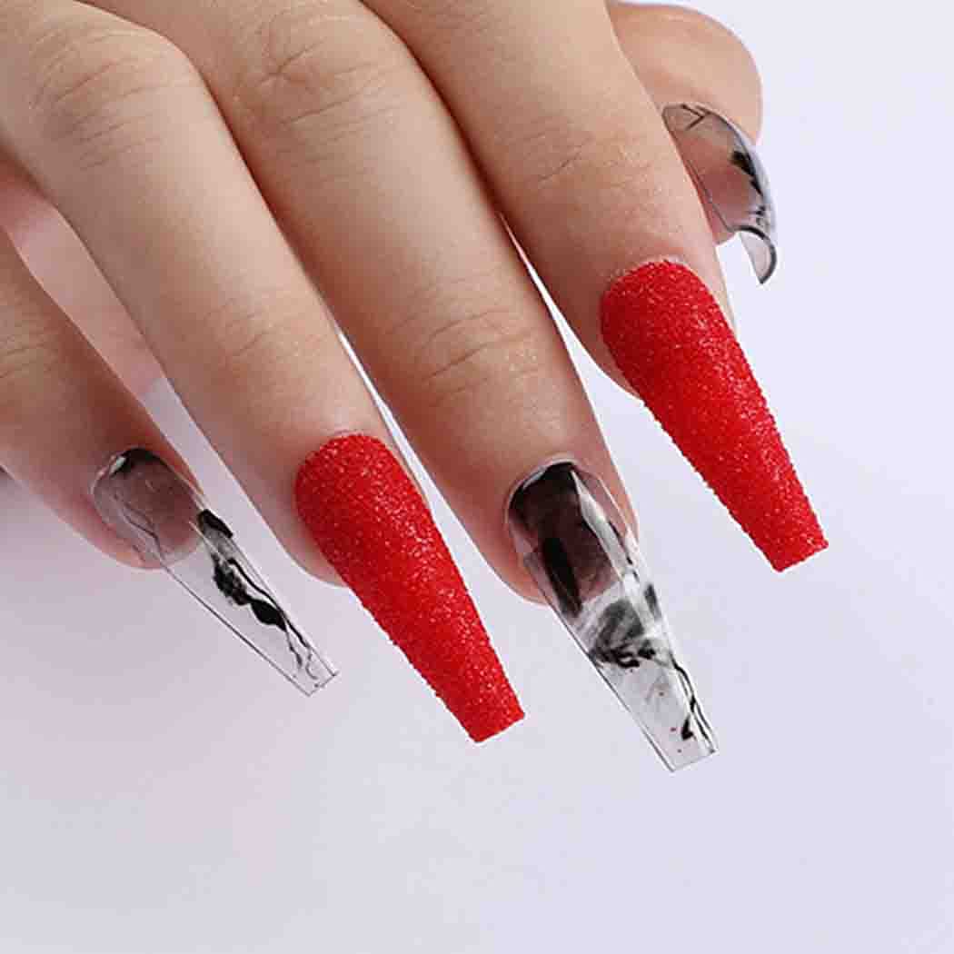 24Pcs Extra Long Press on Nails - Glossy Acrylic Coffin Ballerina Fake Nails with Smoke Pattern Red & Black Designs, Full Cover Artificial Nails for Women & Girls | Perfect for Parties, Halloween, Cosplay & Special Occasions