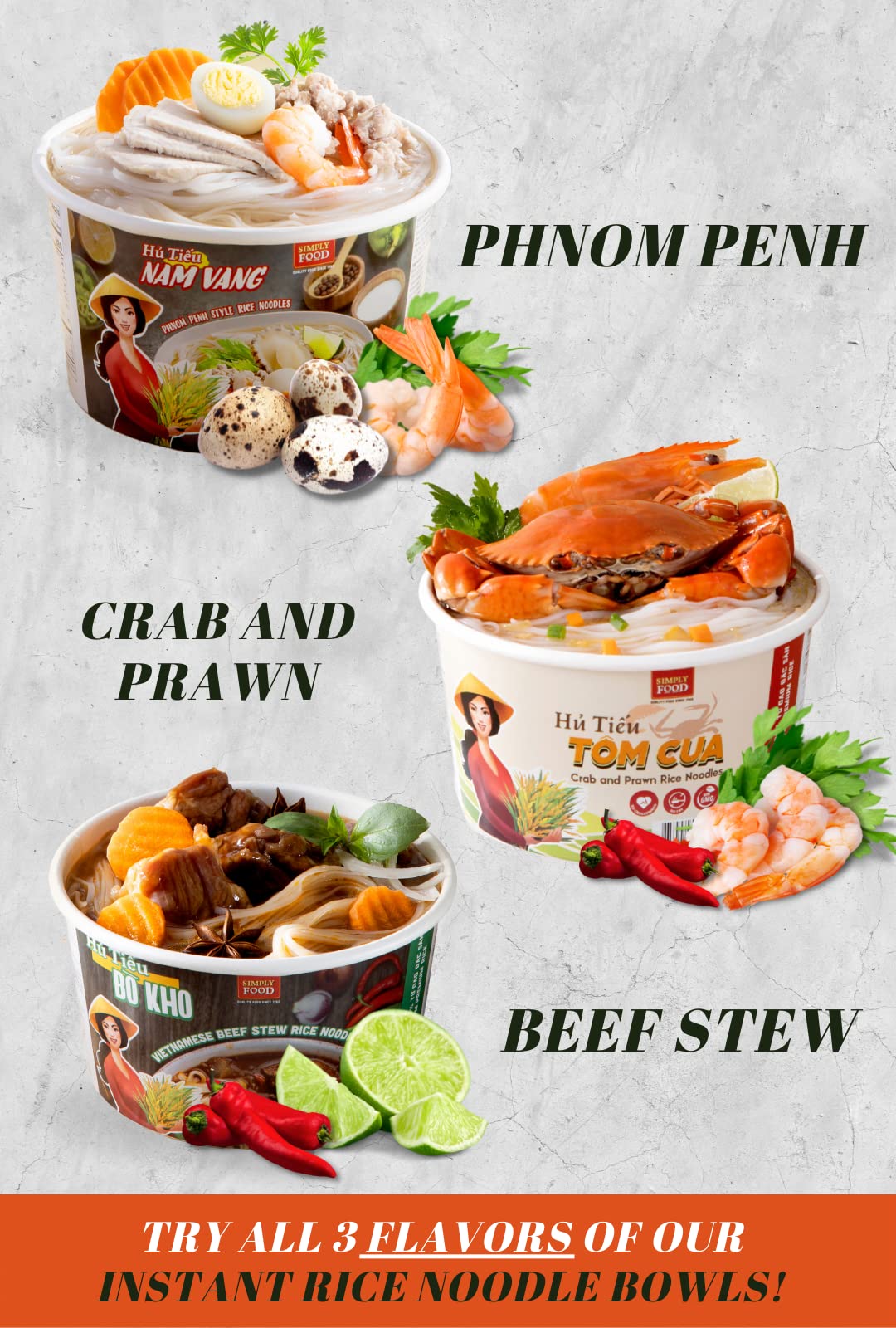 Instant Phnom Penh Rice Noodles (Hủ Tiếu Nam Vang) - 9 Pack of 75g Bowls - Thin Flat White Rice Noodles in Savory Pork Broth - Quick Asian Meal, Easy Lunch or Dinner Solution