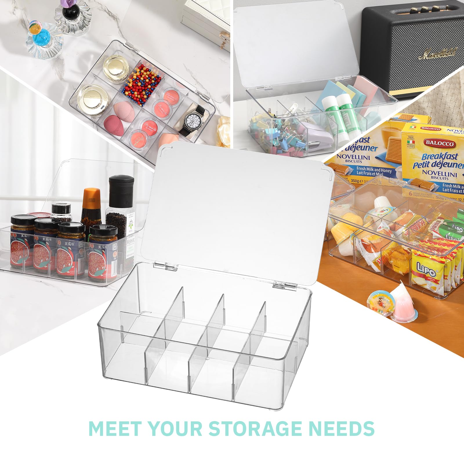 Novelinks Clear Plastic Tea Bag Organizer - Stackable Storage Container with Lid for Kitchen Cabinet, Pantry & Countertop - Holds Coffee Pods, Condiments & More (1 Pack) - Perfect for Home, Office & Restaurant Organization