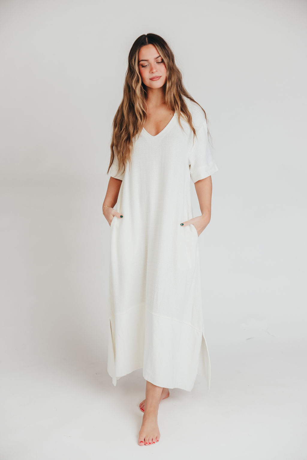 Fallon Linen Blend Collared Midi Dress in Ivory - Bump Friendly Maternity Dress for Women | Perfect for Summer Weddings, Baby Showers & Casual Outings