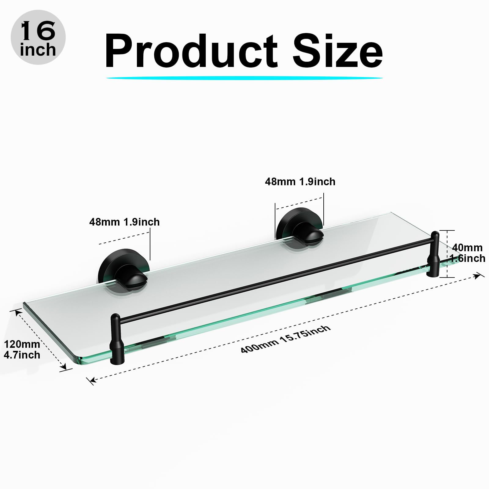 16-Inch Black Floating Glass Bathroom Shelf - Wall Mounted Stainless Steel Tempered Glass Shelves for Modern Bathroom Organization | Perfect for Shower Storage, Toiletries Display & Spa-Style Decor