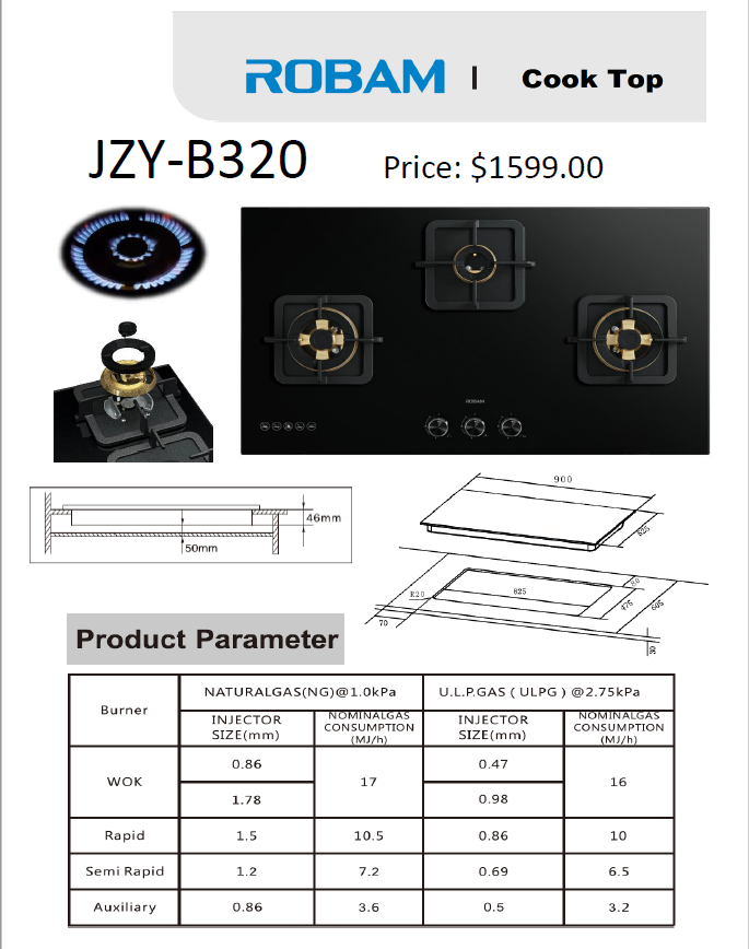 900mm Gas Hob JZY B320 - 4 Burner Stainless Steel Cooktop for Home Kitchen | Perfect for Frying, Boiling & Stir-Frying