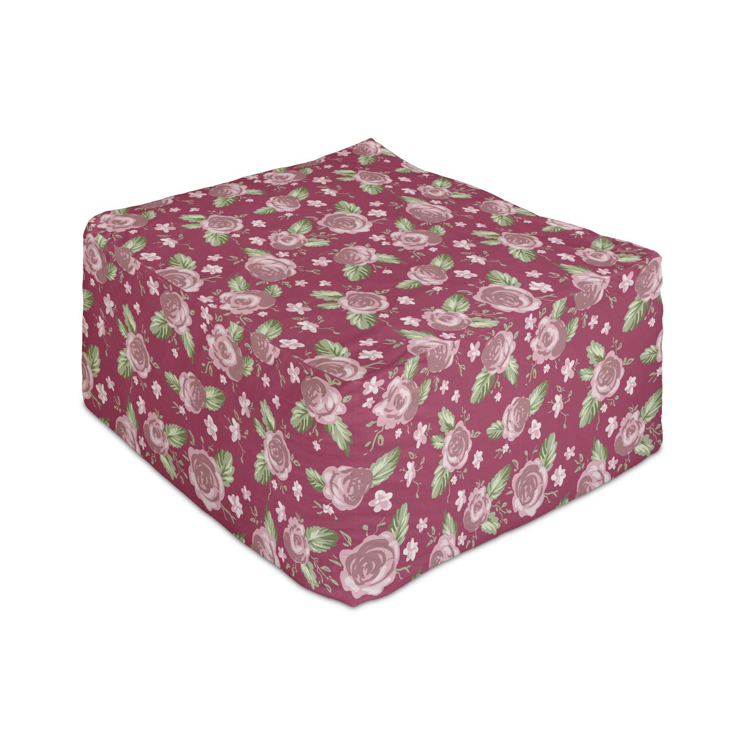 Ambesonne Rose Rectangle Pouf Ottoman - Vintage Floral Print Foot Stool with Removable Cover, 25 Inch, Magenta Blush & Green - Perfect for Living Room, Office & Under Desk Use - Spring Decor & Home Comfort Accessory