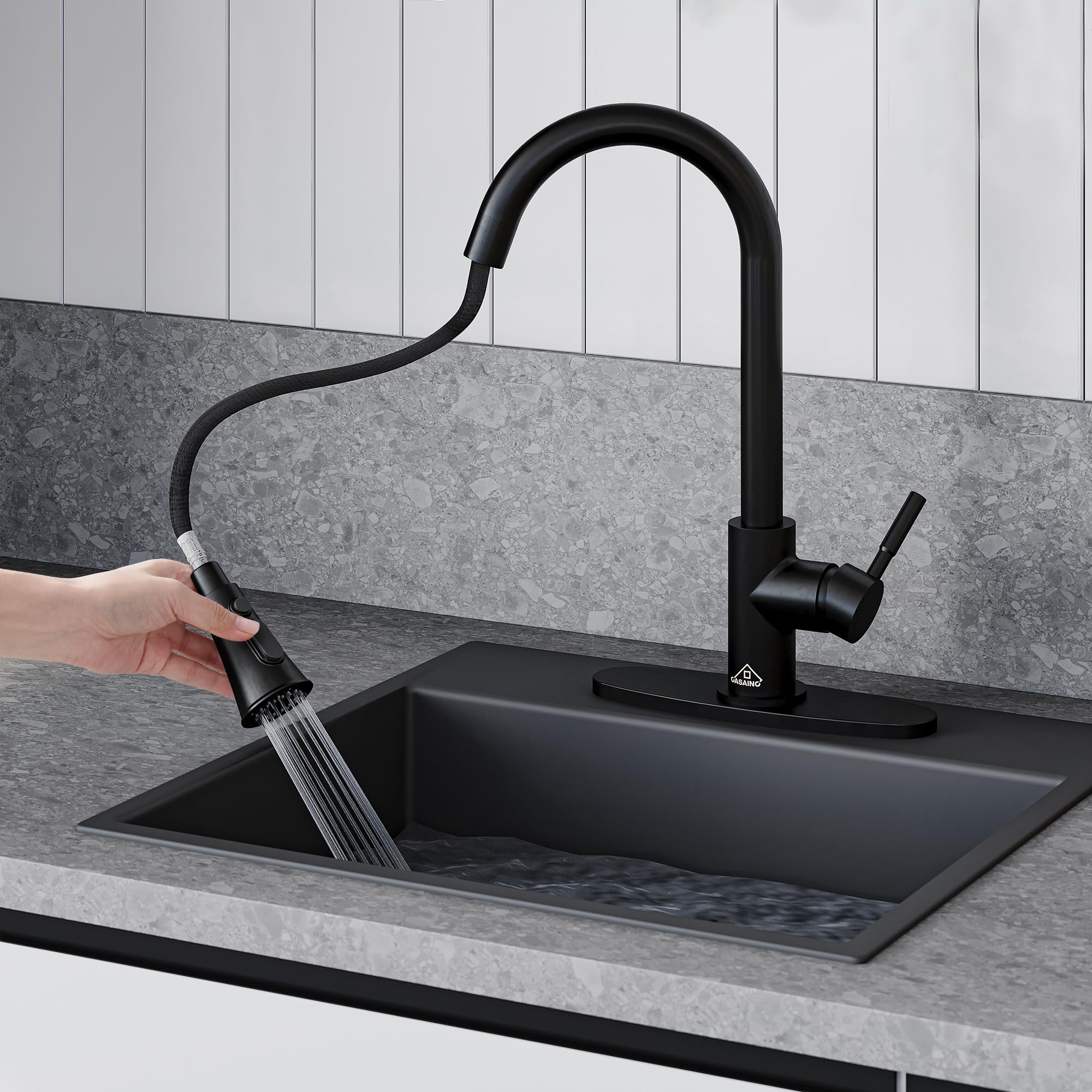 Premium Matte Black Kitchen Faucet with Pull Down Sprayer - 3 Function Spray Modes & Pause Button - 1.8 GPM Lead-Free Copper Touch Kitchen Faucet - Ideal for Modern Farmhouse, Apartment & Restaurant Sinks (15.25