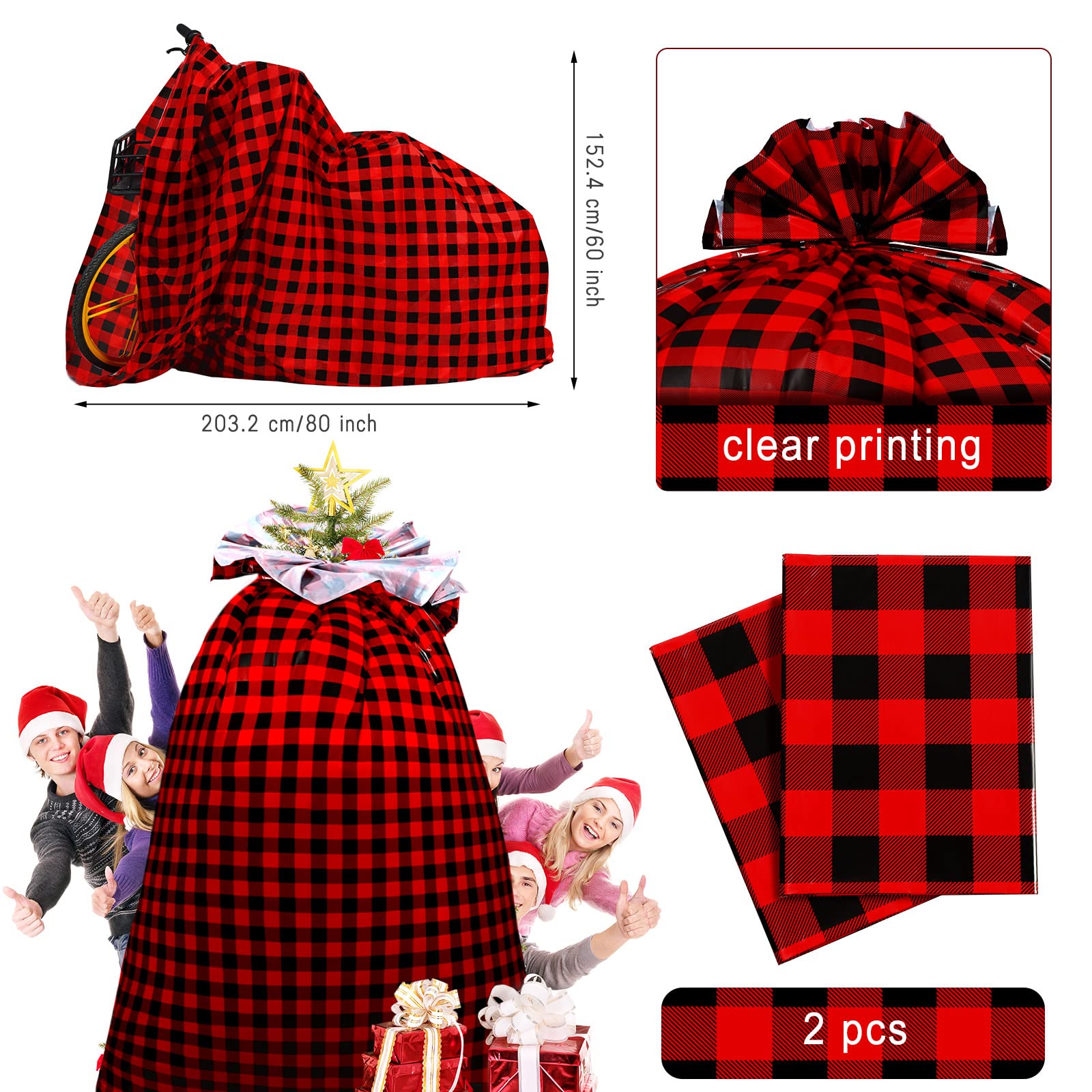 Teling 2 Pack 80 x 60 Inch Extra Large Christmas Bike Gift Bags - Heavy Duty Plastic Bicycle Present Bags for Xmas Gifts (Red & Black) - Perfect for Wrapping Oversized Bicycles, Motorcycles & Holiday Presents