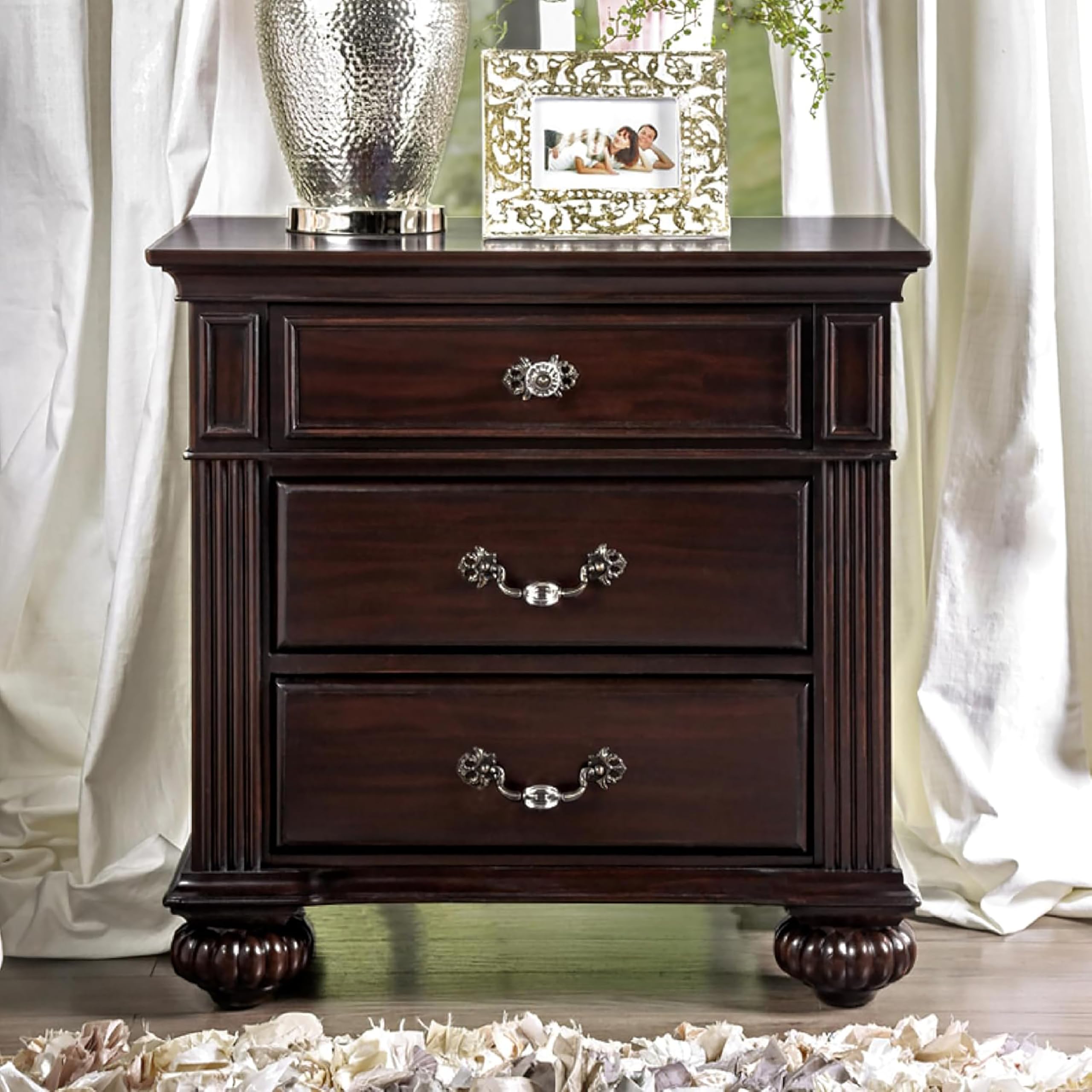 HOMES: Inside + Out ioHOMES Chaidari 3-Drawer Nightstand, Dark Walnut - Stylish Bedroom Furniture for Small Spaces, Modern Nightstand with Storage for Bedside Organization