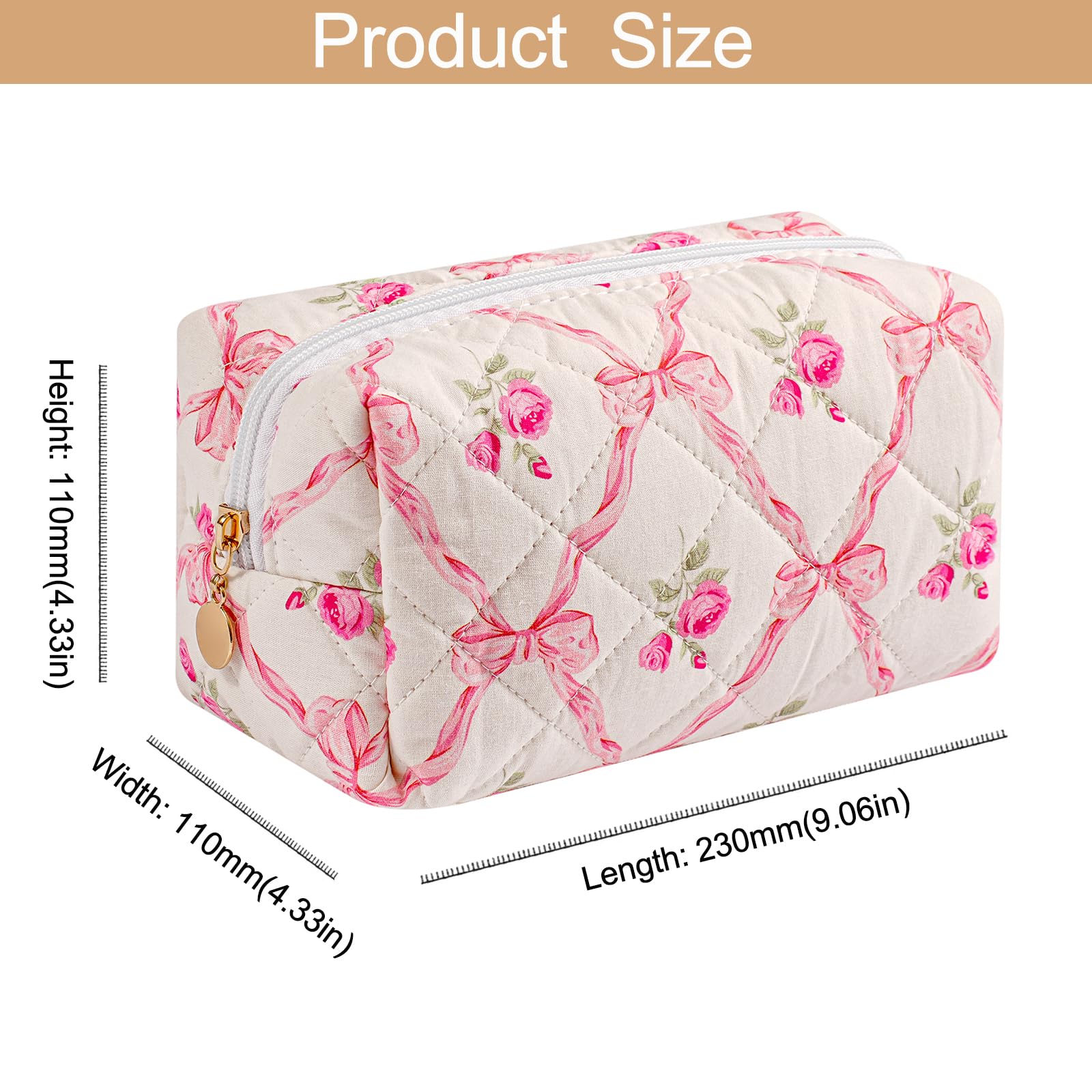 Quilted Cotton Makeup Bag with Zipper - Cute Bow Pattern Cosmetic Pouch for Women & Girls | Travel Toiletry Organizer | Portable Storage Bag for Makeup Brushes, Lipsticks & Skincare (Pink Bowknot) - Perfect for Travel, Gym & Daily Use
