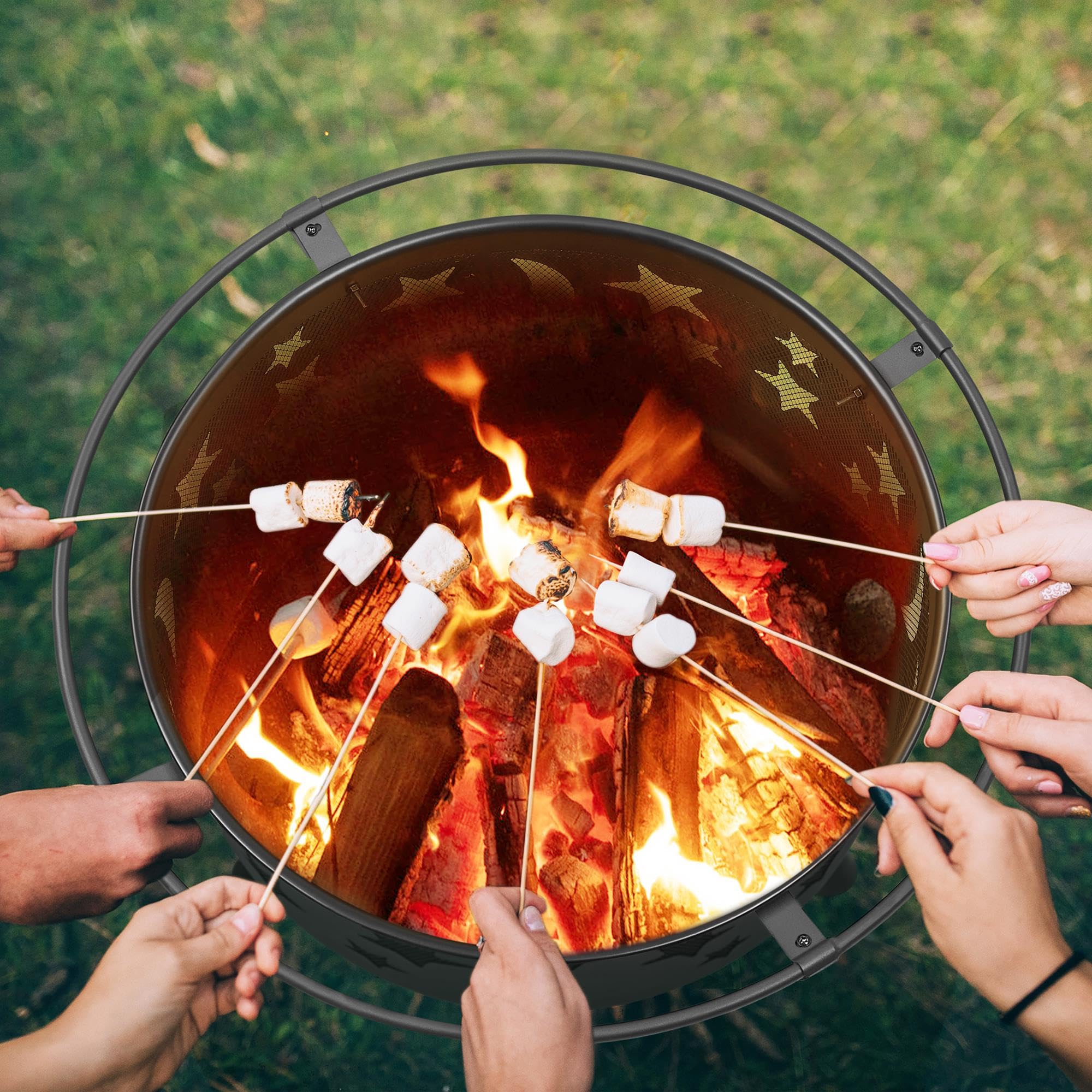 Topeakmart 30 Inch Black Iron Fire Pit Bowl - Wood Burning Outdoor Brazier with Star & Moon Design for Backyard, Camping, Patio & Garden - Perfect for Roasting Marshmallows & Evening Gatherings