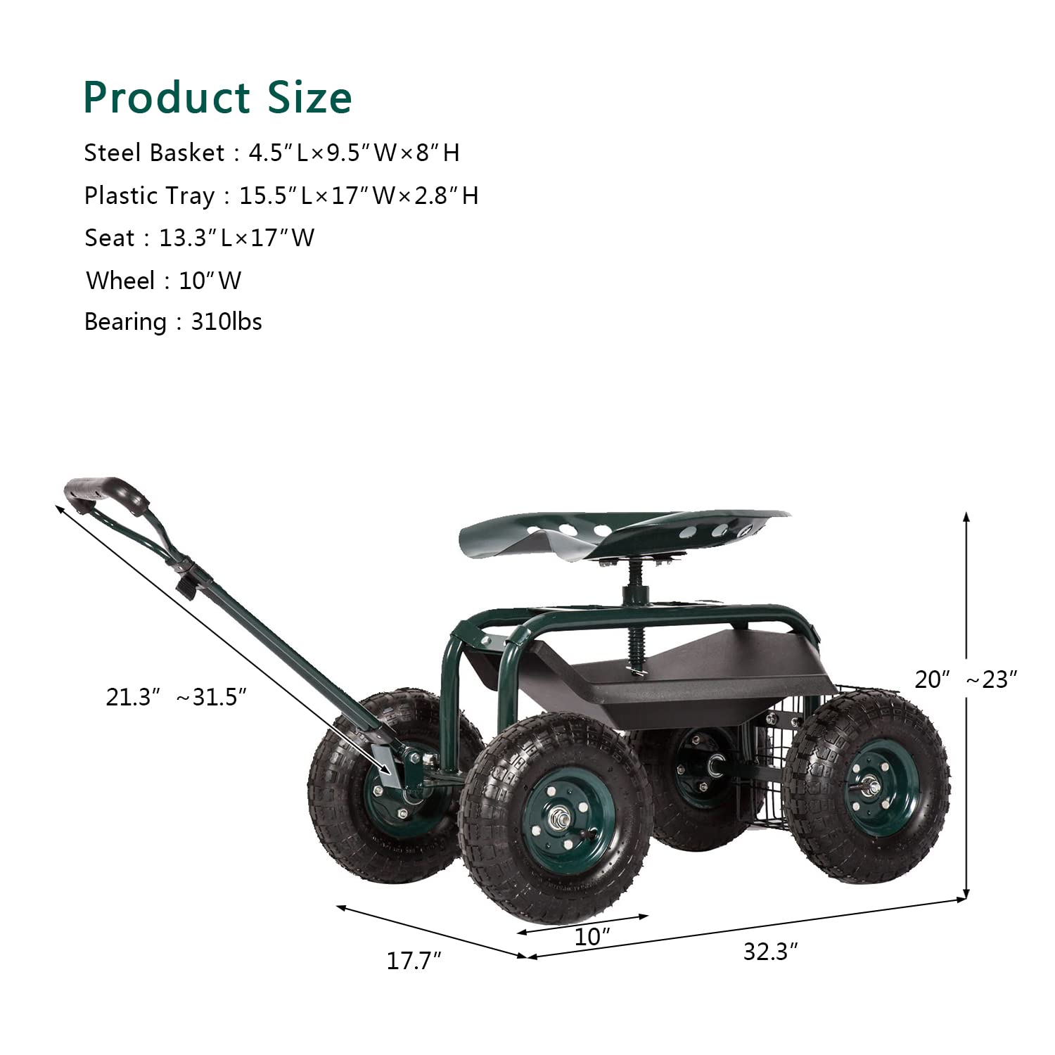 Heavy-Duty Garden Cart with Swivel Seat & Wheels - Foldable Gardening Wagon with Extendable Handle & Tool Tray for Planting, Yard Work & Outdoor Use - Perfect for Patio Maintenance, Landscaping & Backyard Projects (Green)