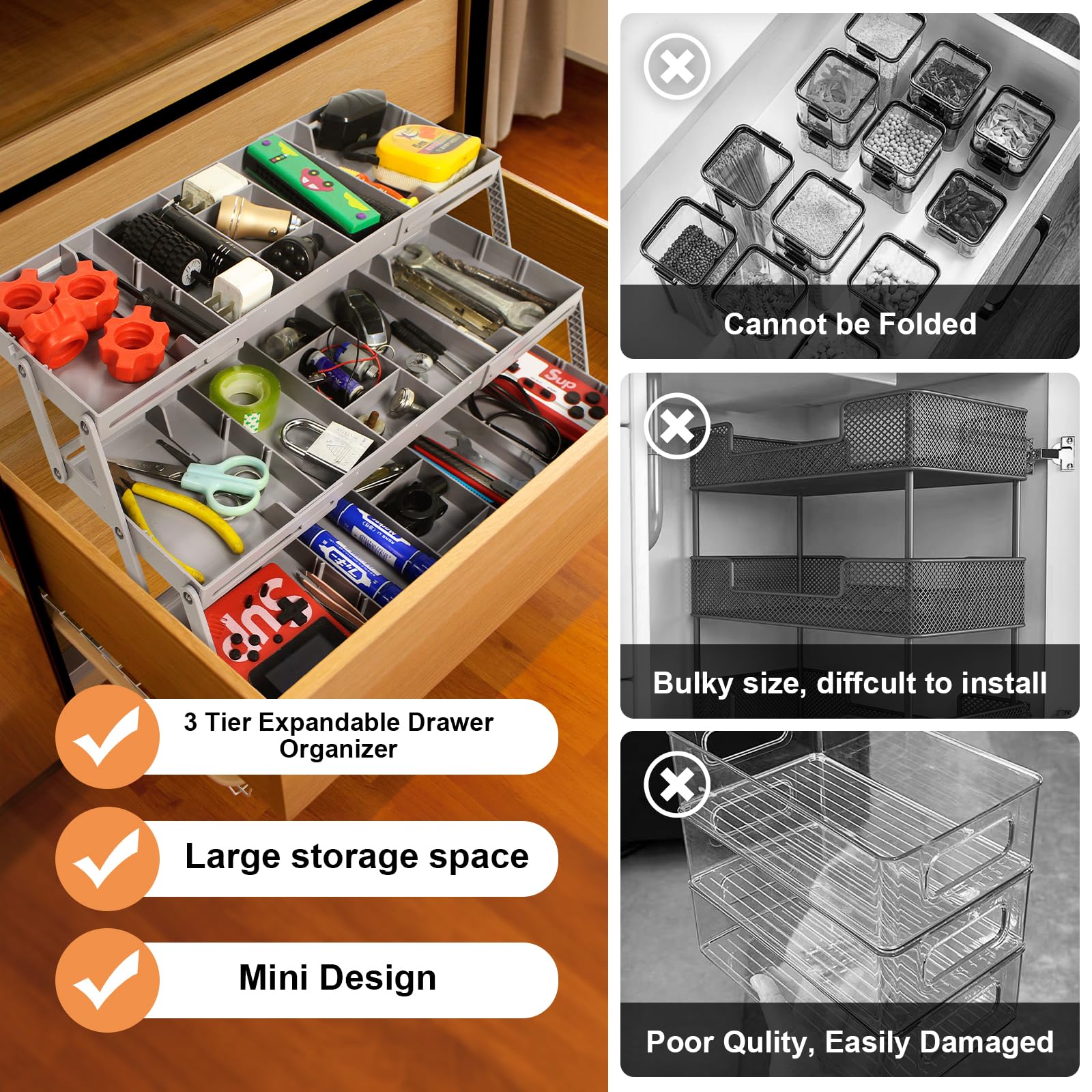 3-Tier Expandable Drawer Organizer - Multi-Level Folding Smart Storage for Makeup, Jewelry, Office & Desk Drawers (Grey) | Space-Saving Solution for Bedroom, Bathroom & Closet Organization