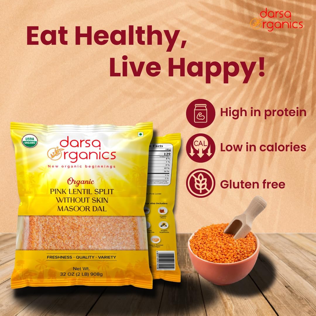 Darsa Organics Red Lentils 4 lb - USDA Certified, Non-GMO, Gluten-Free, Kosher, Indian Masoor Dal Without Skin | High Protein Plant-Based Lentils for Soup, Stews, Pasta, Curries & Vegan Recipes | Perfect for Meal Prep & Healthy Cooking