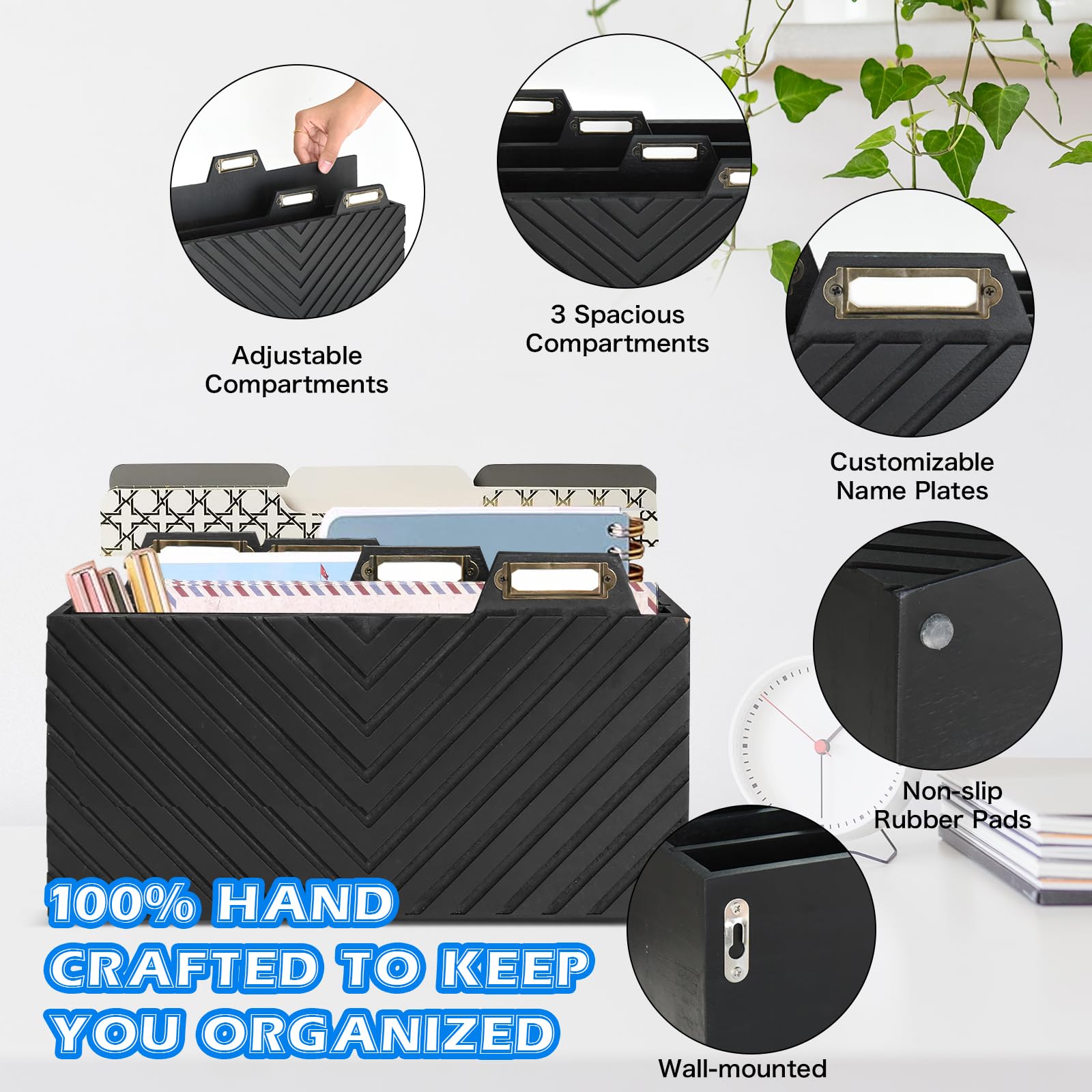 Wooden Mail Organizer with 3 Compartments - Wall Mount or Countertop Desk Organizer for Letters, Bills & Papers | Perfect for Home Office, Entryway & Mail Sorting