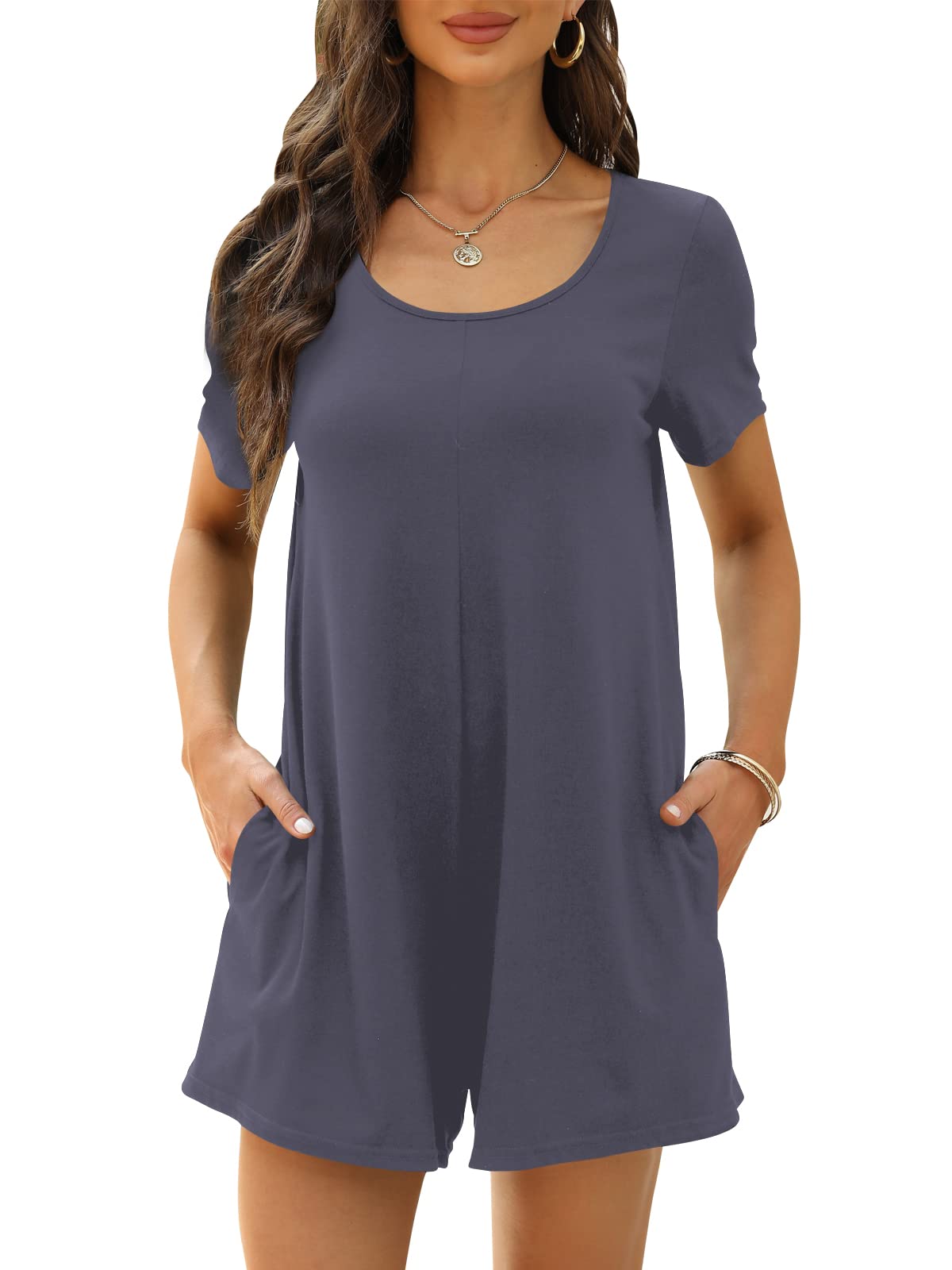 Nfsion Women's Summer Short Sleeve Jumpsuit Romper with Pockets - Casual Crewneck Shorts Outfit for Beach, Vacation & Everyday Wear