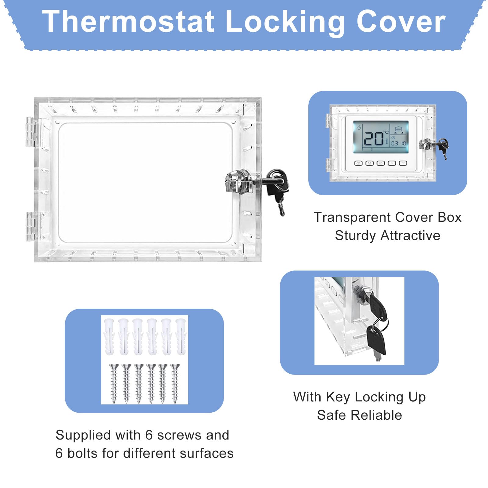 Universal Thermostat Lock Box with Key - Clear Large Thermostat Guard Cover for Wall Mounted Thermostats 6.5