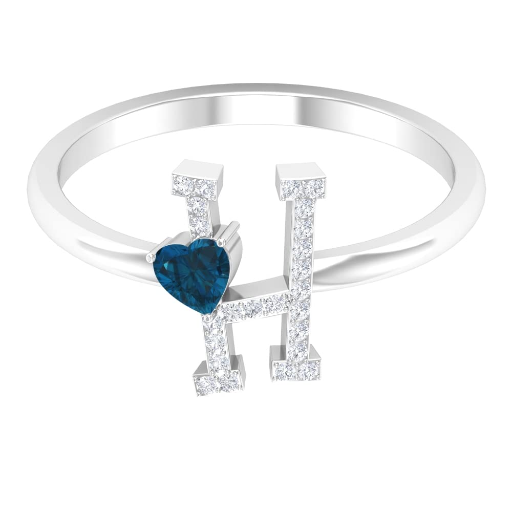 Exquisite London Blue Topaz & Diamond Rings | Elegant Diamond Alphabet A-Z Initial Rings for Women | 14K White Gold Heart Initial Rings – Perfect for Birthdays, Anniversaries & Personalized Gifts
