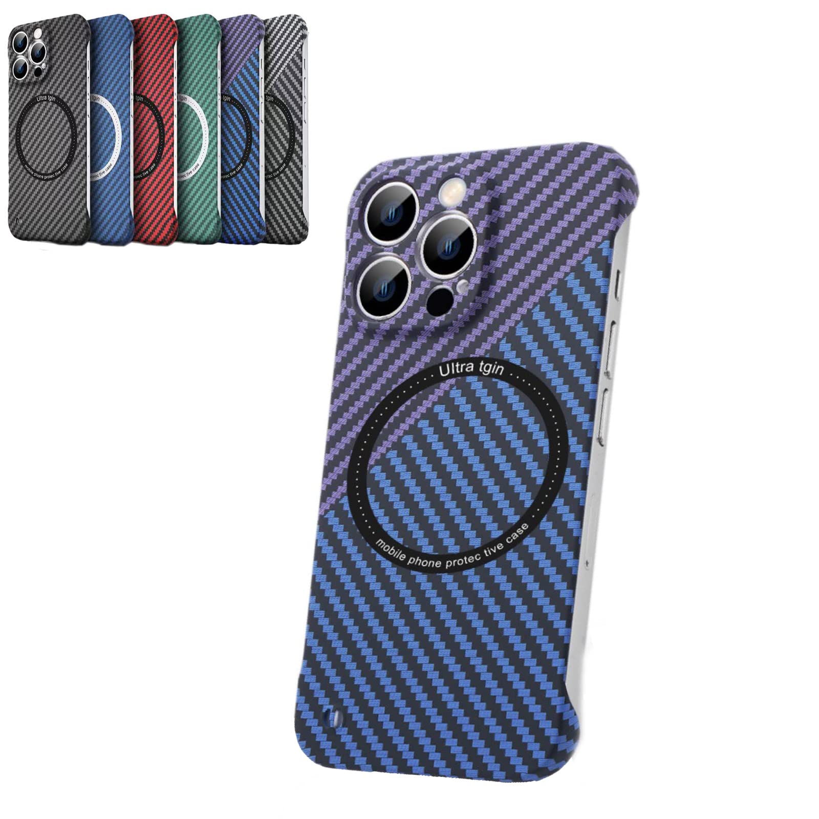 Ultra-Thin Carbon Fiber Magnetic Charging Phone Case for iPhone 11/12/13 Pro Max - Frameless Design, Anti-Scratch Protection - Blue Purple (Perfect for Work, Travel & Everyday Use)
