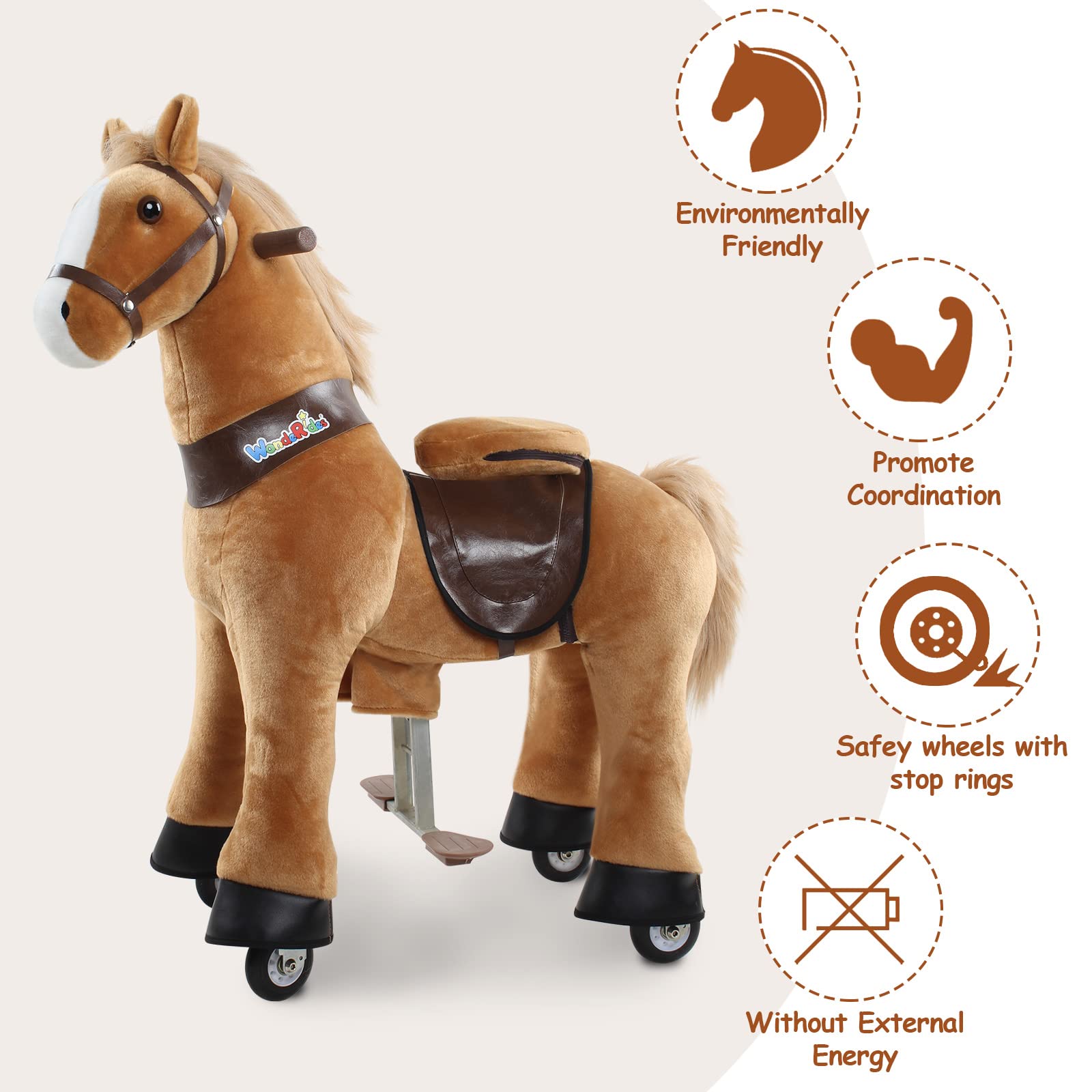 WondeRides Plush Rocking Horse Toy for Kids Ages 4-9 - 36 Inch Mechanical Walking Pony with Wheels | Toddler Ride-On Toy for Indoor & Outdoor Play, Birthday Gifts, and Pretend Play Activities