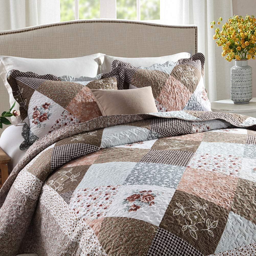 NEWLAKE Queen Size Quilt Bedspread Set - Reversible Checkered Floral Design, 3-Piece Bedding Coverlet for Cozy Bedroom Decor | Perfect for Guest Rooms, Master Bedrooms & Seasonal Home Styling