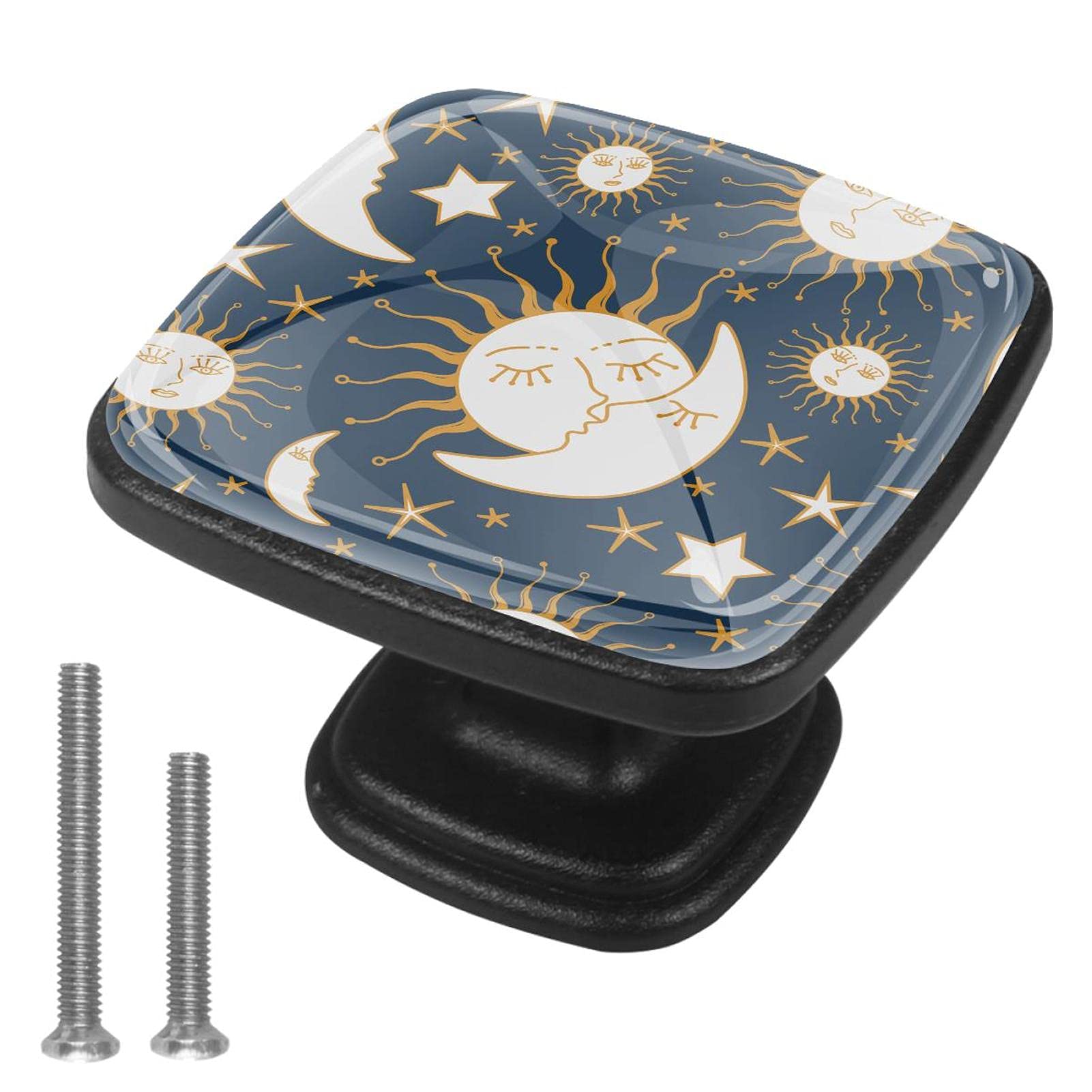 4 Pack Sun and Moon Cabinet Knobs - 30mm Square Drawer Pulls for Kitchen, Bathroom, Dresser & Cupboard - Vintage Decorative Hardware for Home Renovation (Perfect for Boho, Farmhouse & Cottage Style Decor)