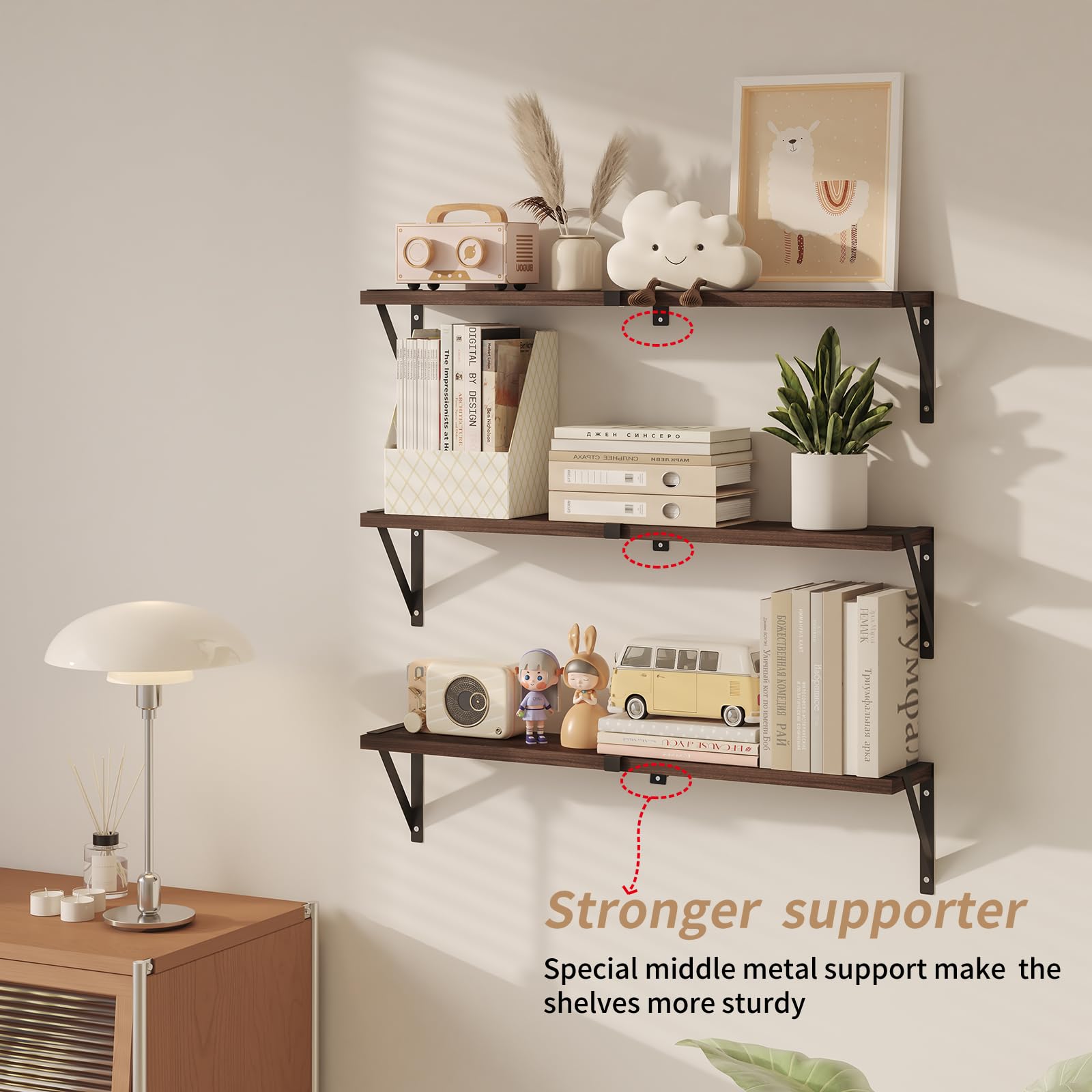 Floating Bookshelf Set of 3 - 33 Inch Wall Mounted Shelves for Living Room, Kitchen, Bathroom & Bedroom - Dark Brown Wooden Shelves for Home Organization & Decor - Perfect for Books, Plants & Decorative Display