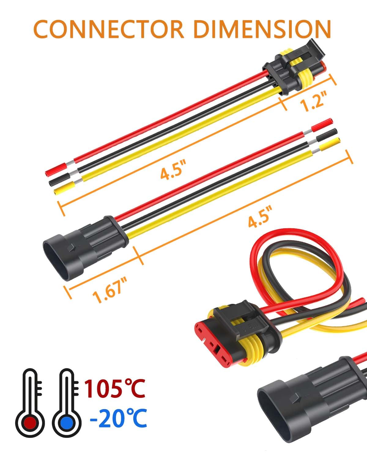 3 Pin 16 AWG Waterproof Automotive Electrical Connectors - Male & Female Wire Connectors with Heat Shrink Tubing (6 Kits) for Car, Truck, Boat Wiring & Marine Applications